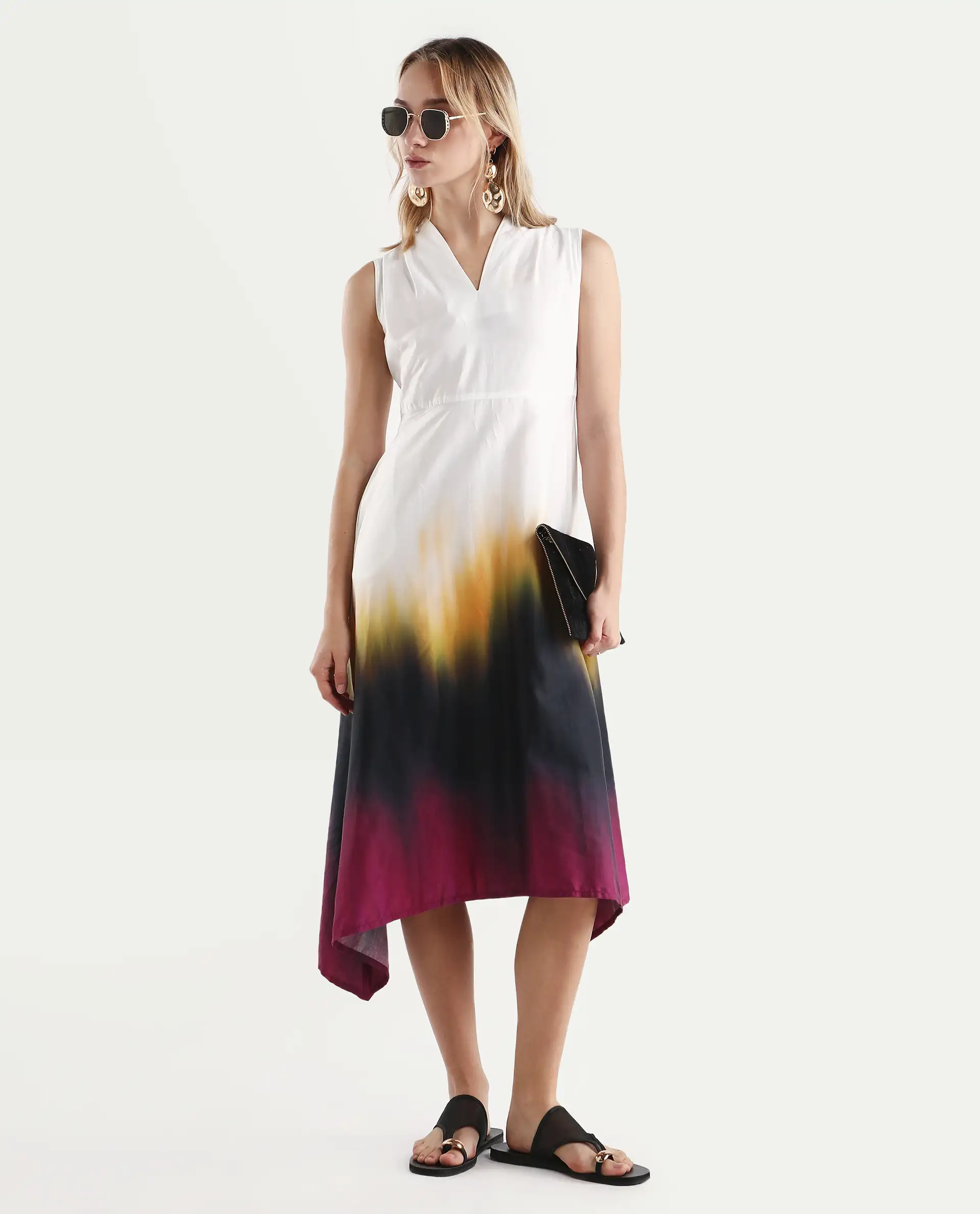 Rareism Women's Armenian Multi Cotton Blend V-Neck Ombre Sleeveless Midi Flared Dress