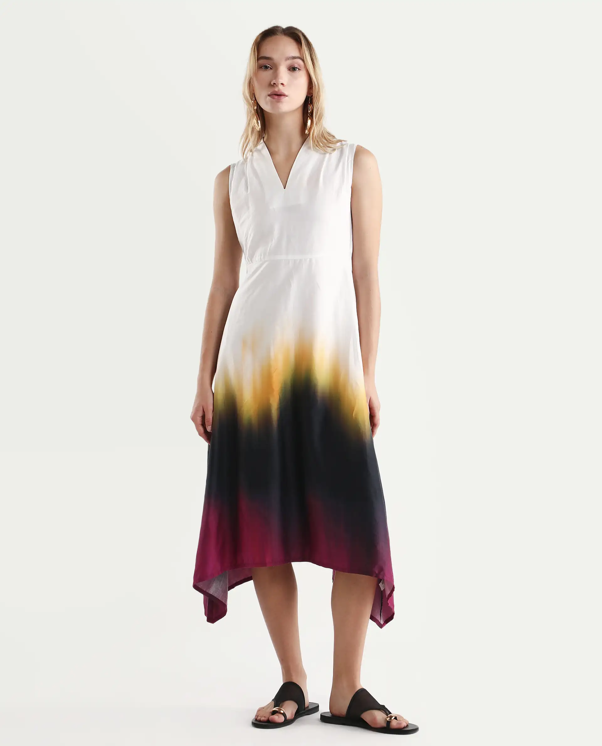 Rareism Women's Armenian Multi Cotton Blend V-Neck Ombre Sleeveless Midi Flared Dress - Image 2