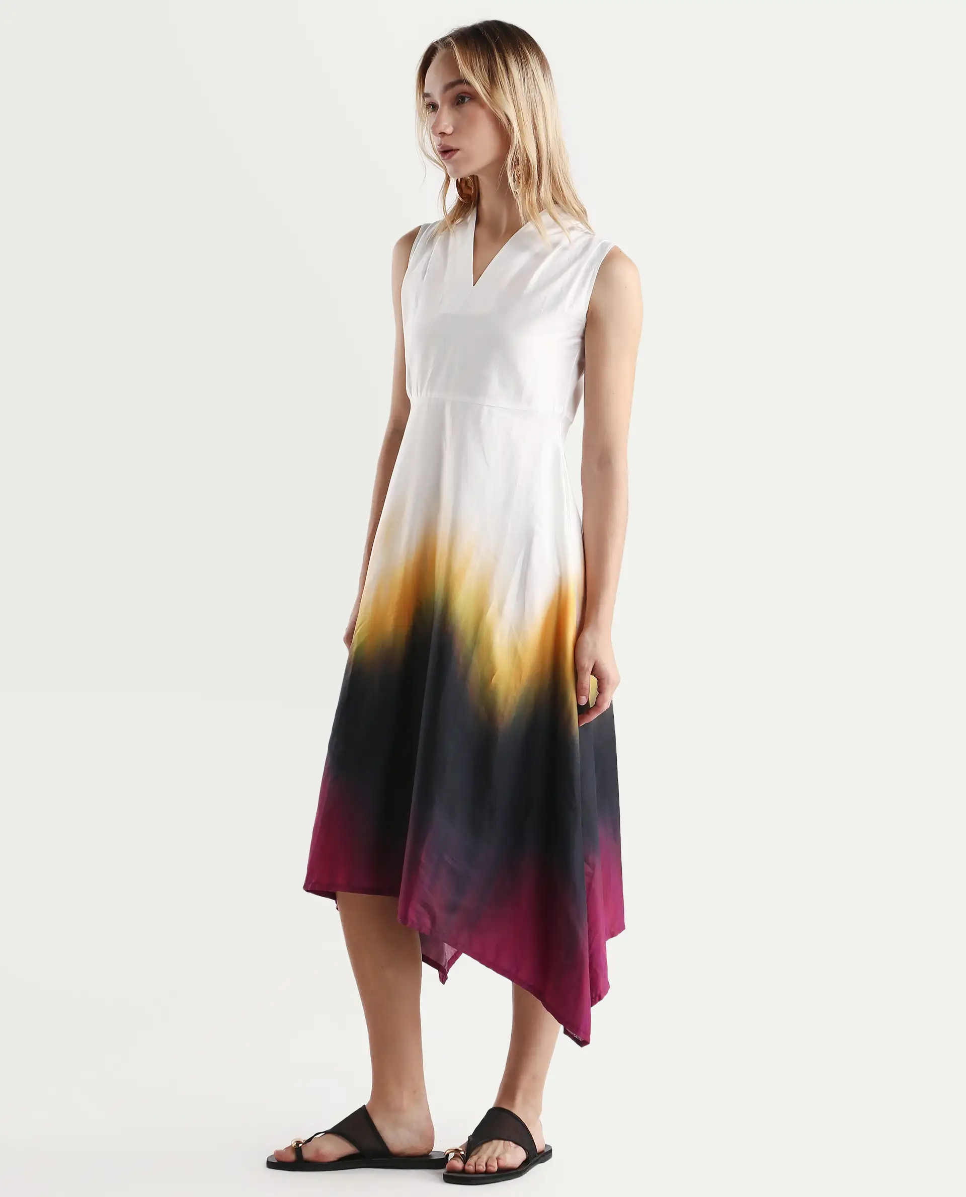 Rareism Women's Armenian Multi Cotton Blend V-Neck Ombre Sleeveless Midi Flared Dress - Image 3