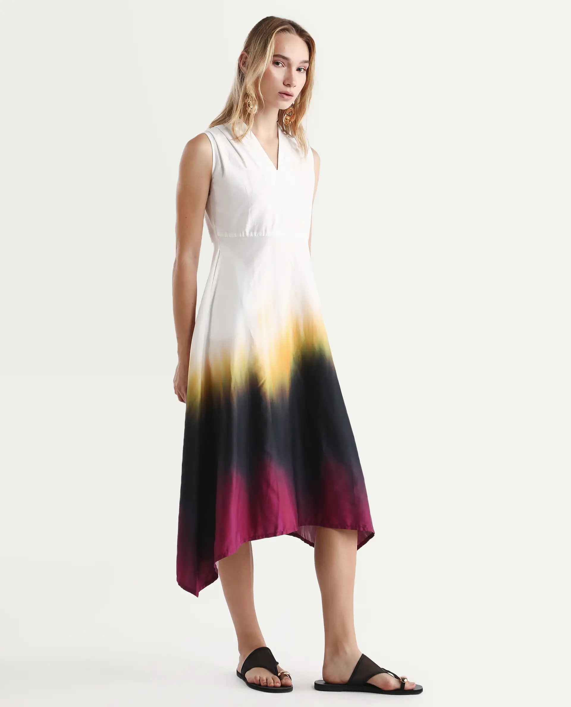 Rareism Women's Armenian Multi Cotton Blend V-Neck Ombre Sleeveless Midi Flared Dress - Image 4