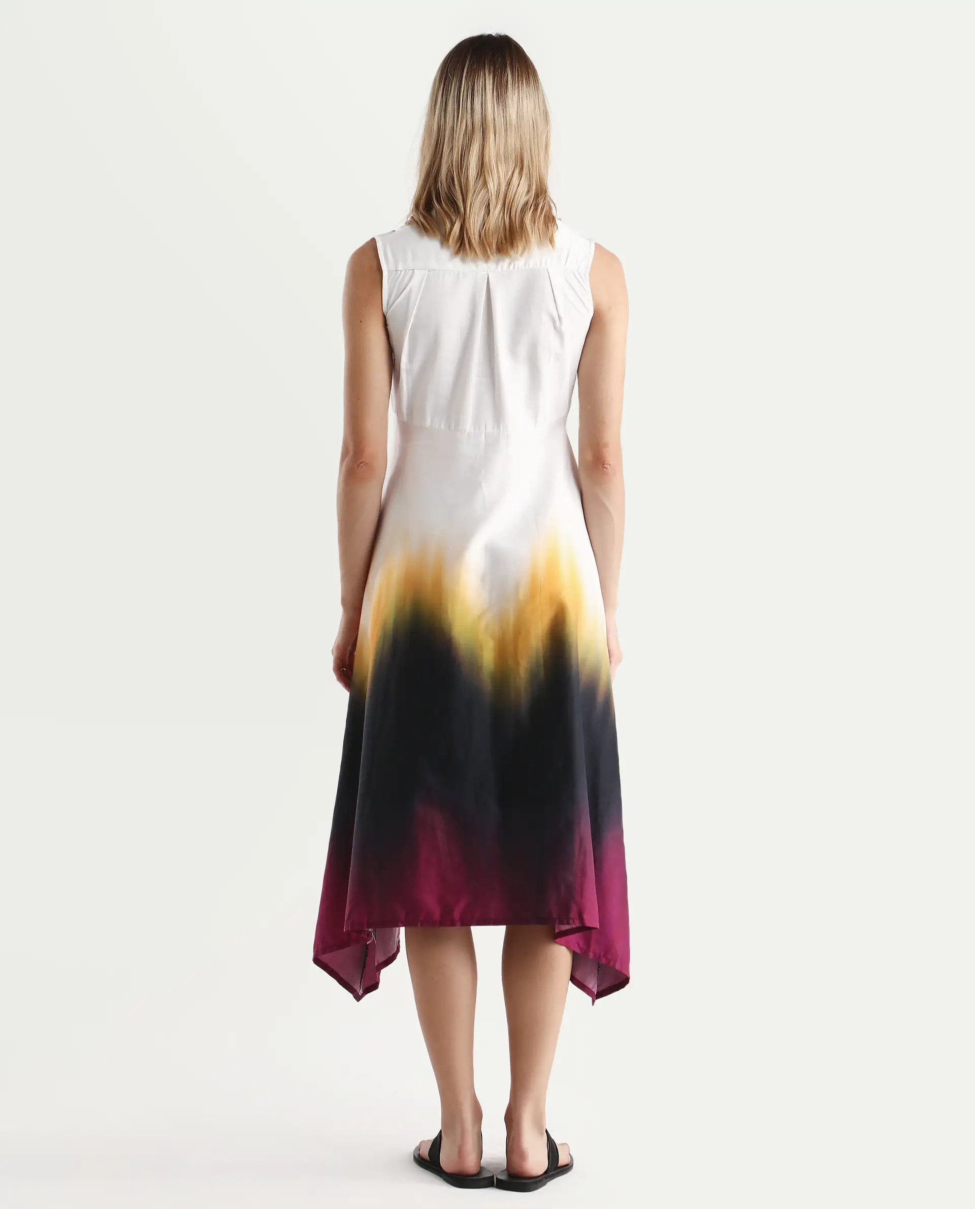 Rareism Women's Armenian Multi Cotton Blend V-Neck Ombre Sleeveless Midi Flared Dress - Image 5