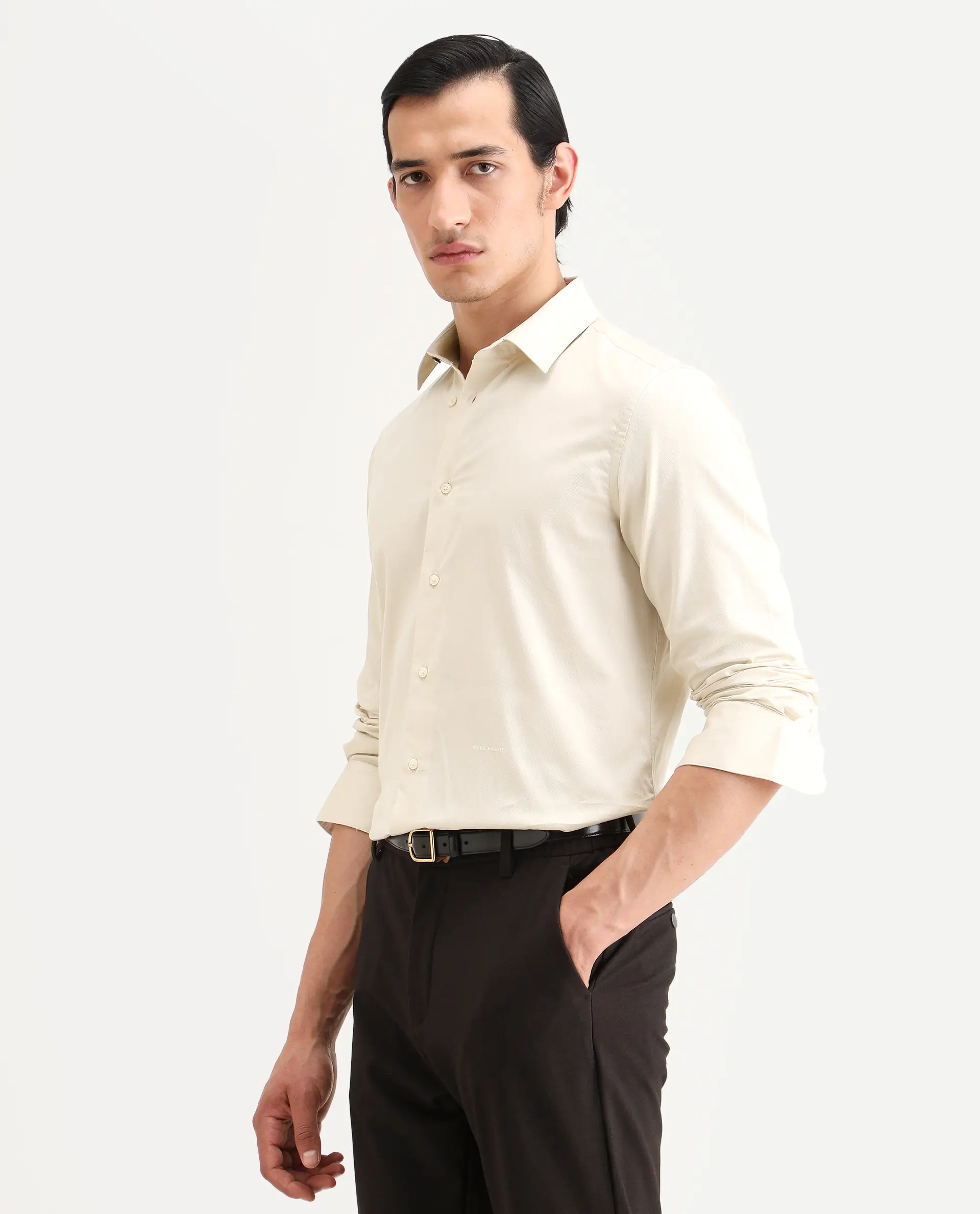 Rare Rabbit Men's Armeno Light Beige Cotton Fabric Full Sleeve Spread Collar Regular Fit Plain Shirt - Image 4