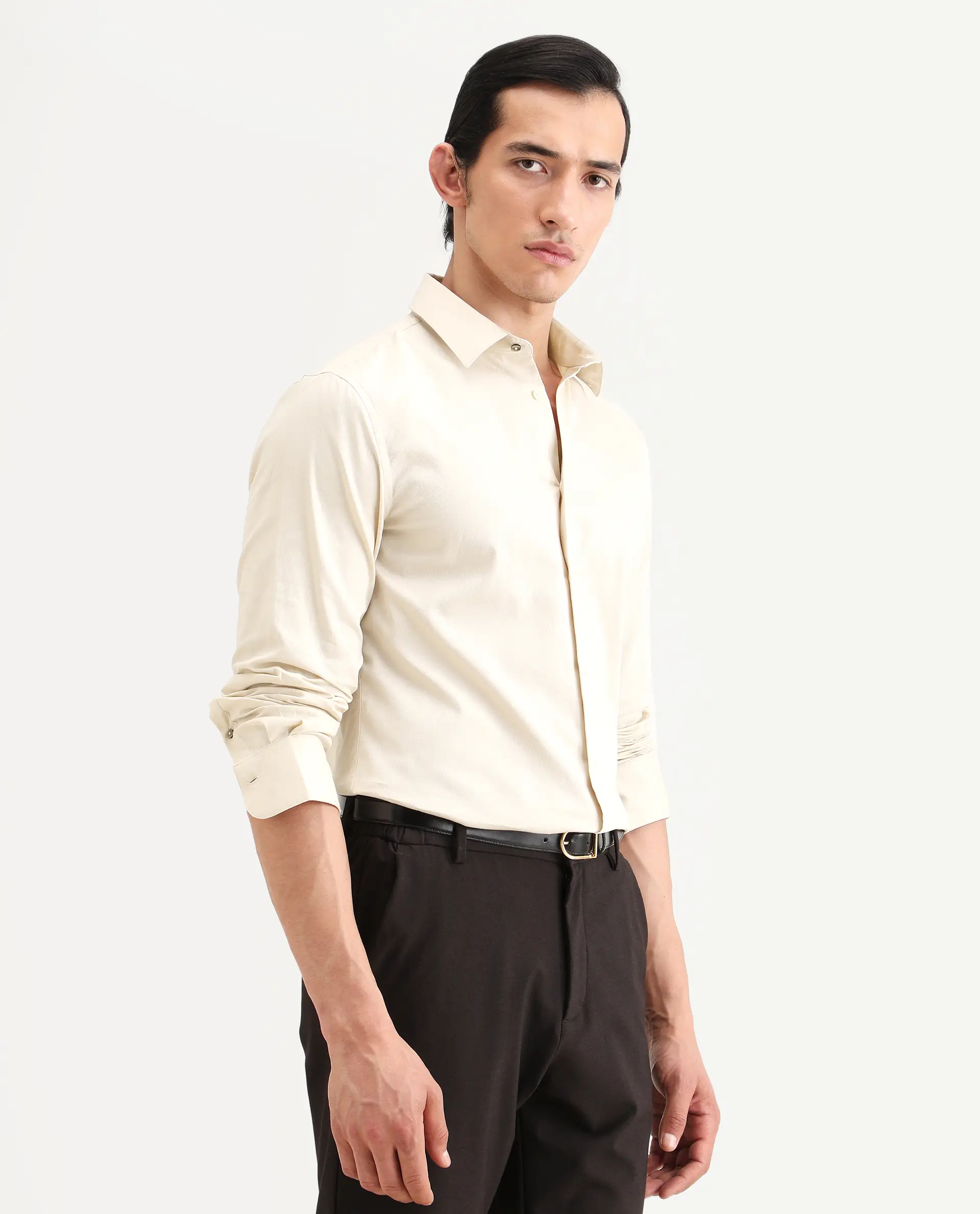 Rare Rabbit Men's Armeno Light Beige Cotton Fabric Full Sleeve Spread Collar Regular Fit Plain Shirt - Image 5