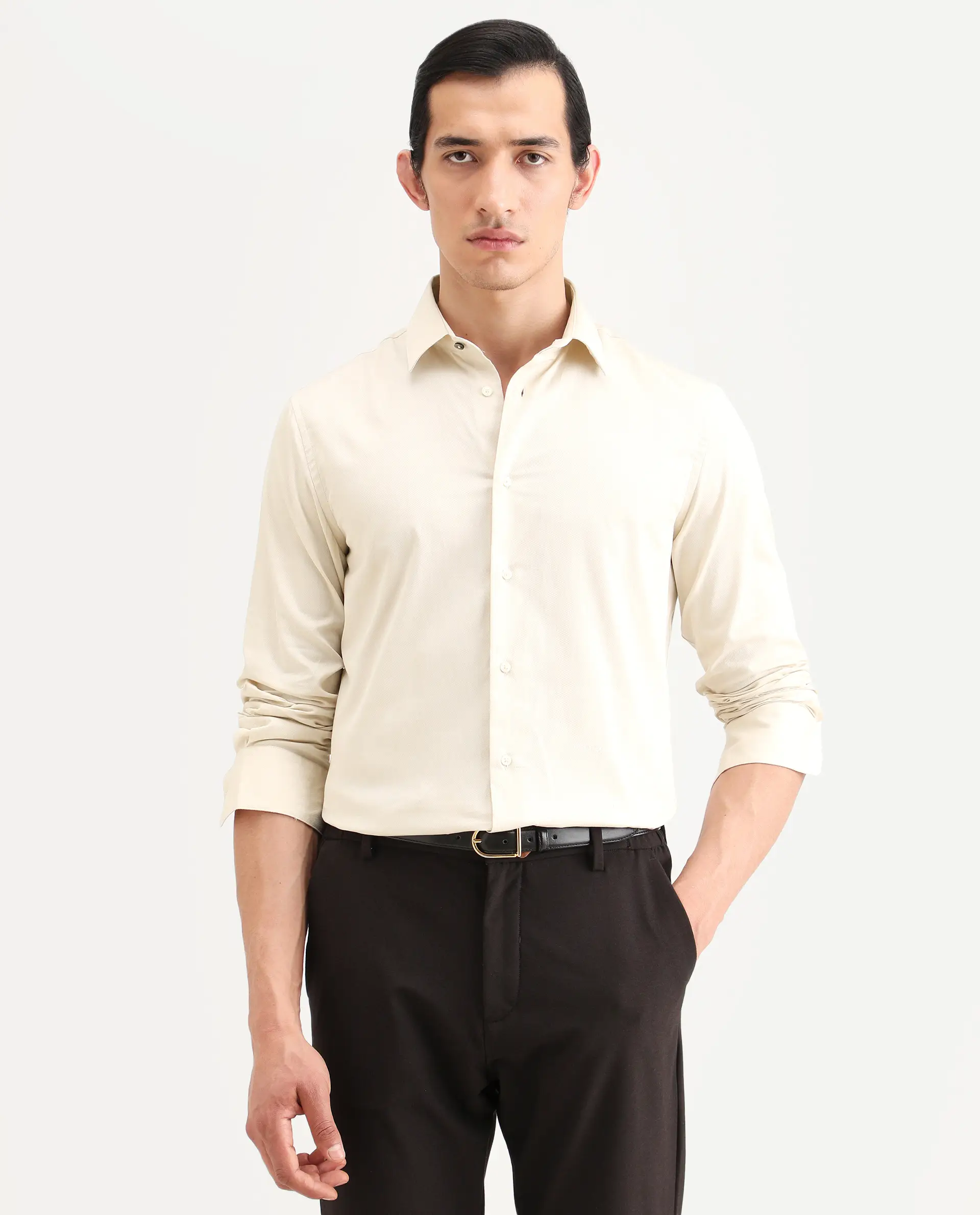 Rare Rabbit Men's Armeno Light Beige Cotton Fabric Full Sleeve Spread Collar Regular Fit Plain Shirt - Image 6