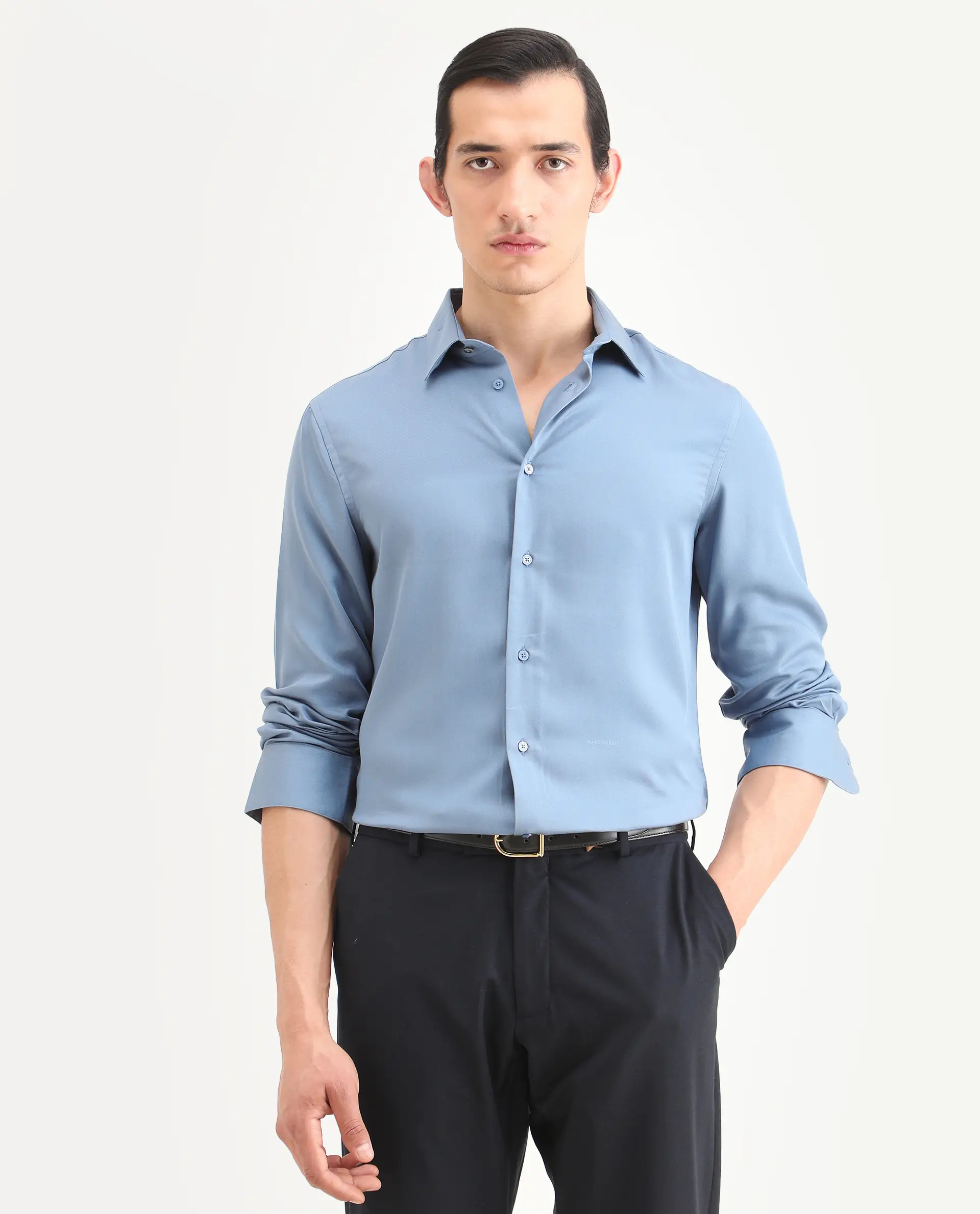 Rare Rabbit Men's Armenop Dusky Blue Tencel Fabric Full Sleeve Spread Collar Regular Fit Plain Shirt - Image 4