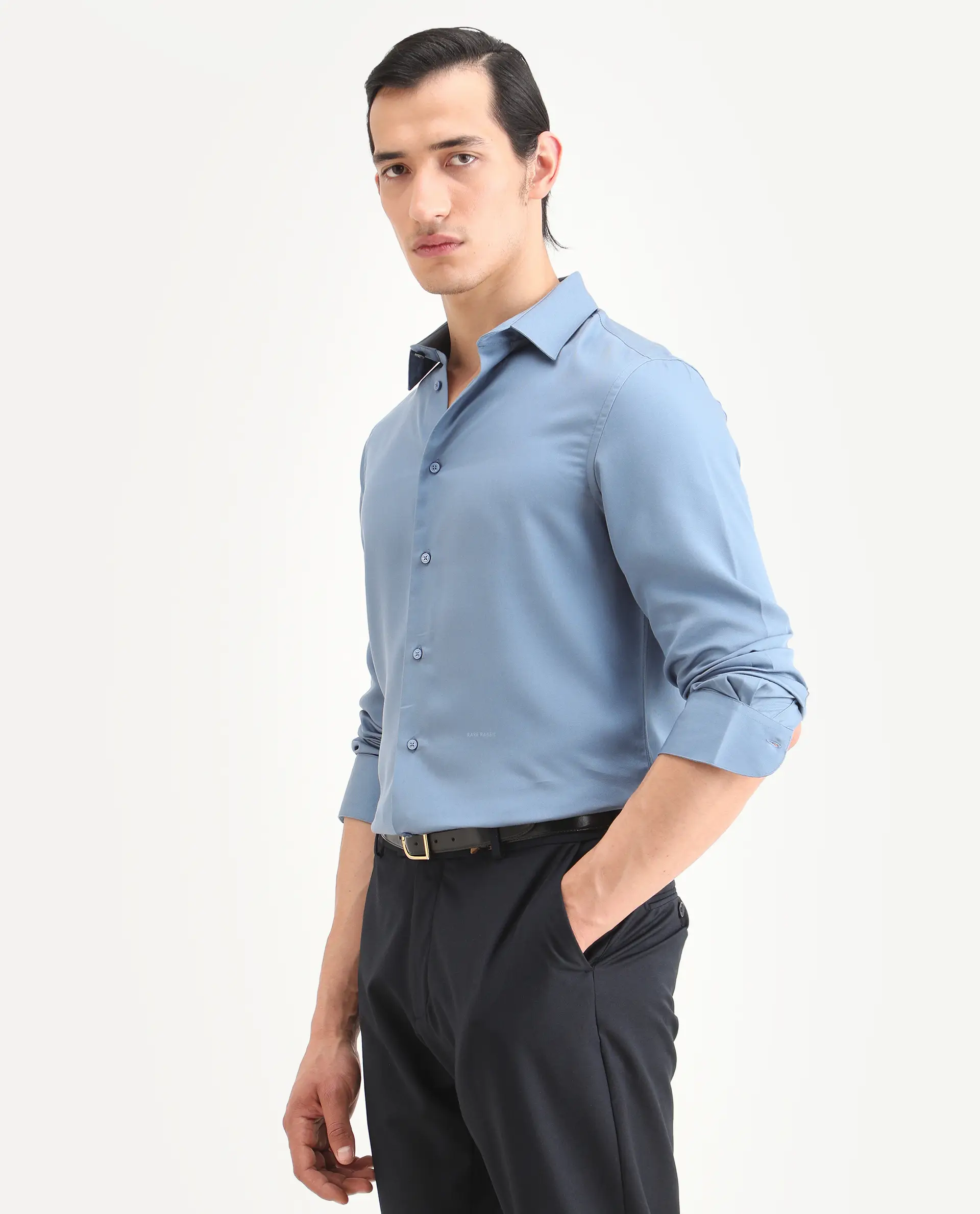Rare Rabbit Men's Armenop Dusky Blue Tencel Fabric Full Sleeve Spread Collar Regular Fit Plain Shirt - Image 5