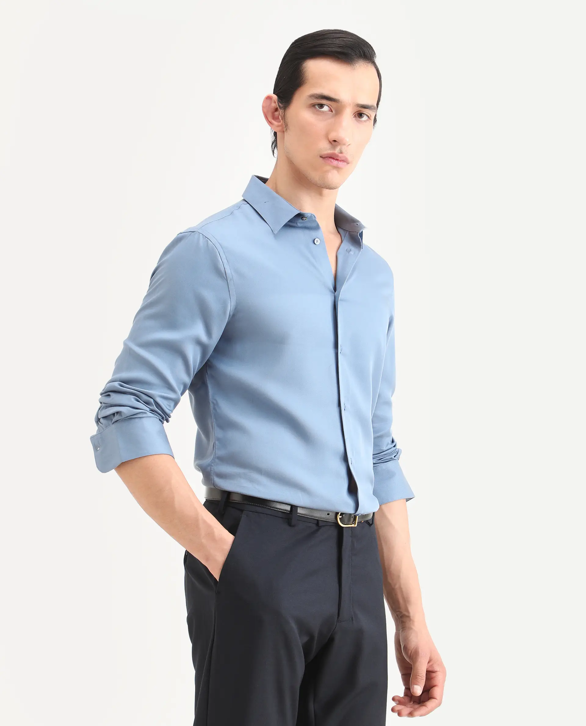 Rare Rabbit Men's Armenop Dusky Blue Tencel Fabric Full Sleeve Spread Collar Regular Fit Plain Shirt - Image 6