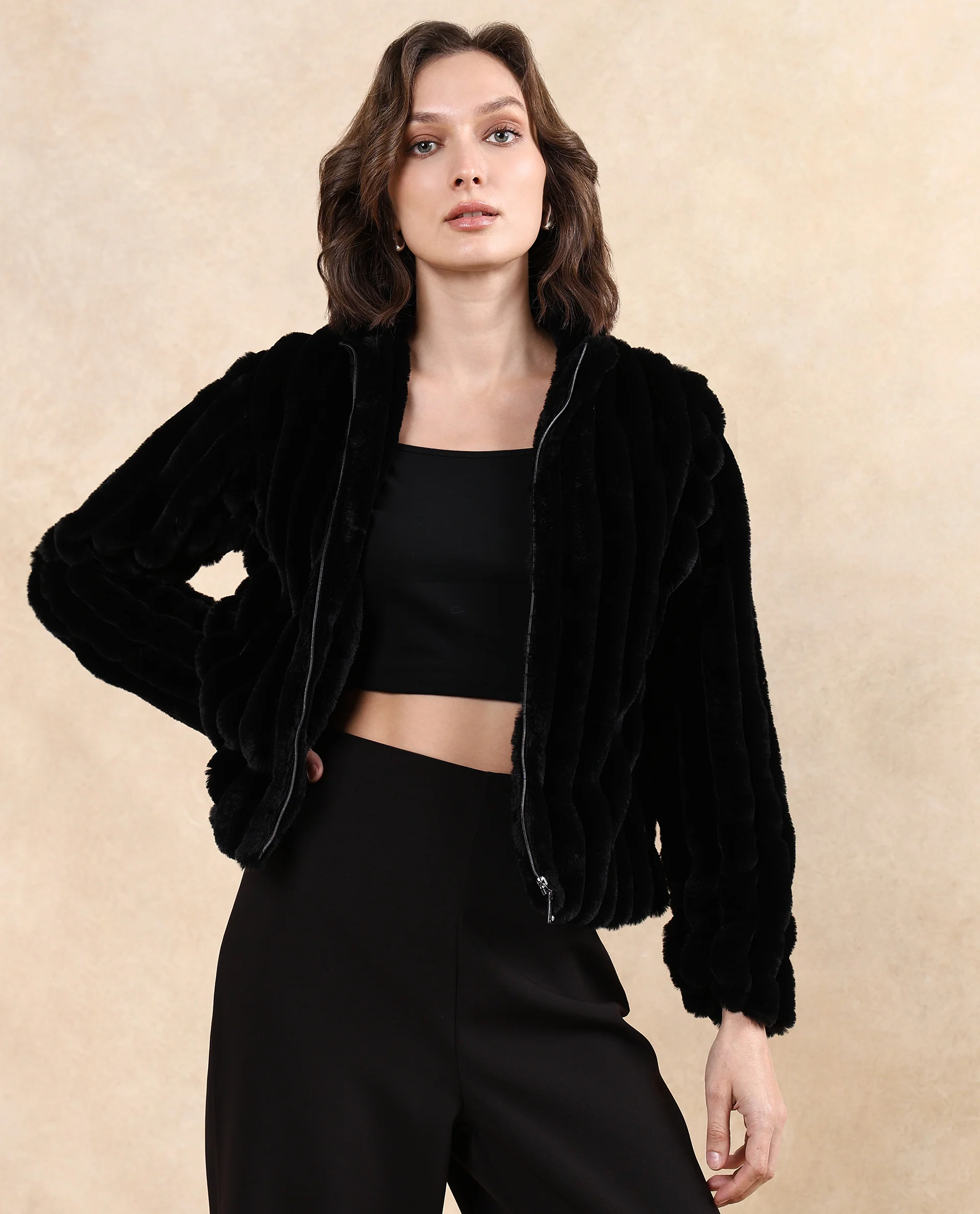 Rareism Women's Armidale Black Cotton Blend Mandarin Collar Plain Regular Fit Jacket - Image 3