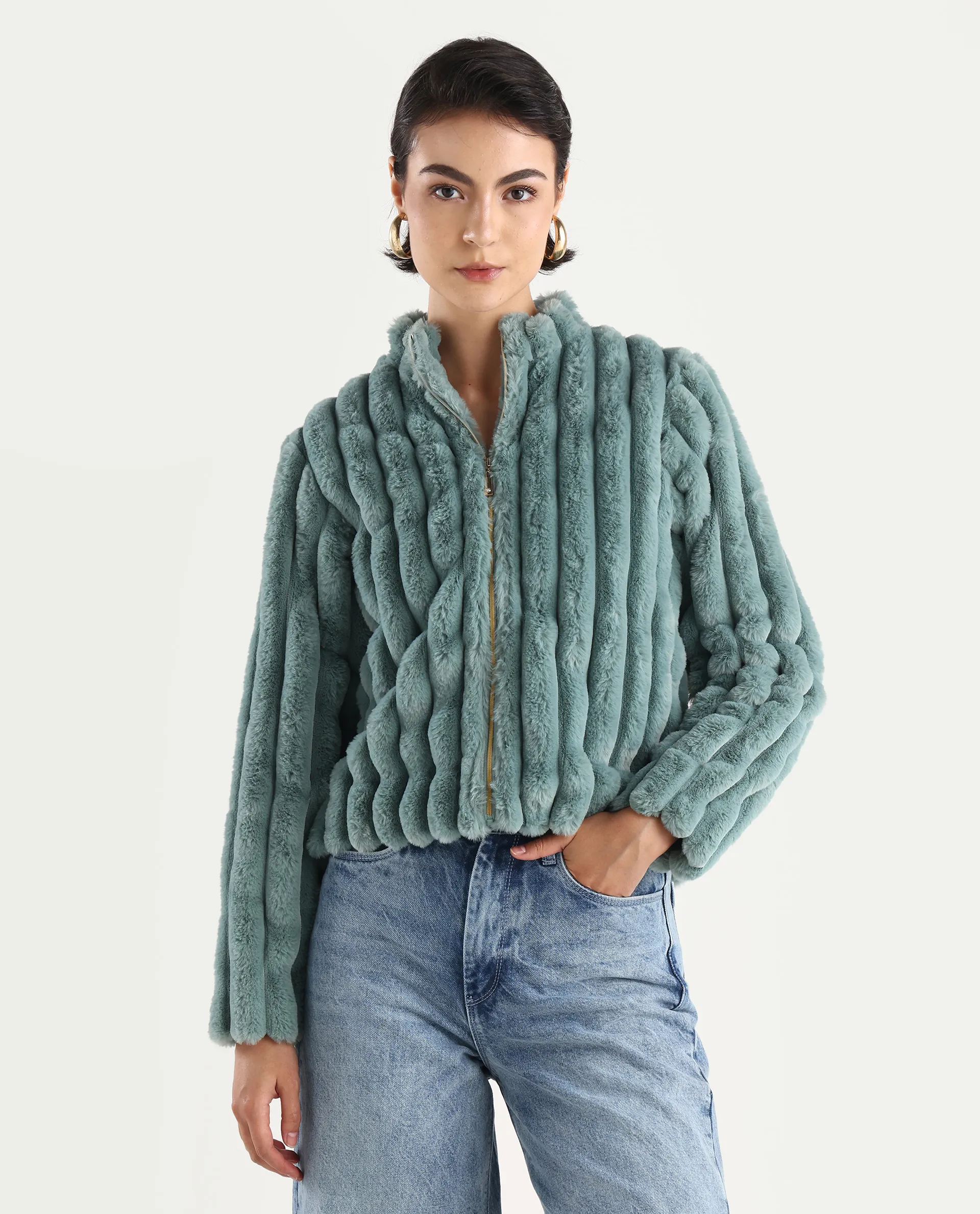 Rareism Women's Armidale Turq Cotton Blend Mandarin Collar Plain Regular Fit Jacket - Image 3
