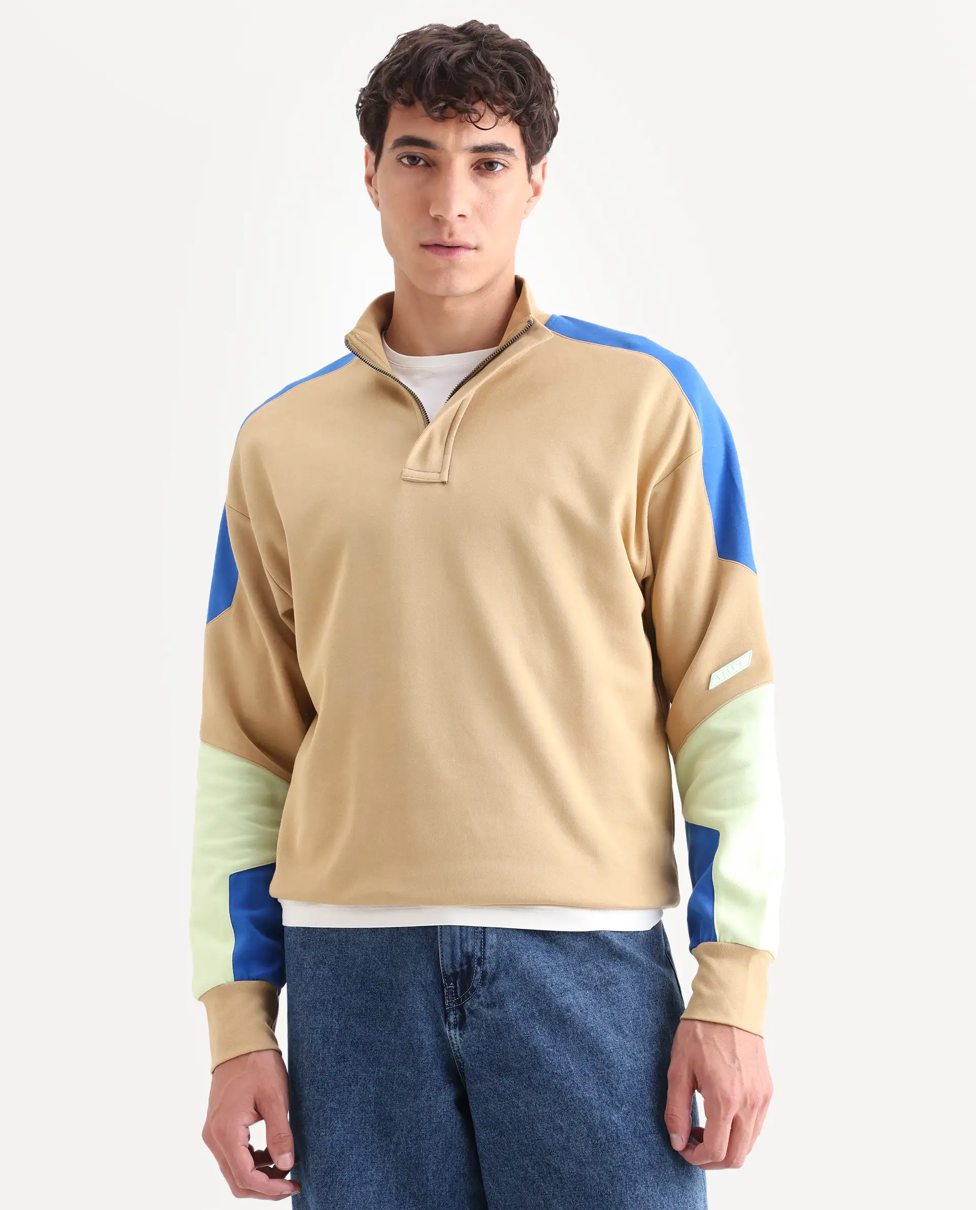 Rare Rabbit Men's Armo-1 Dusky Beige Cotton Ombre Regular Fit Full Sleeve High Neck Sweatshirt - Image 3
