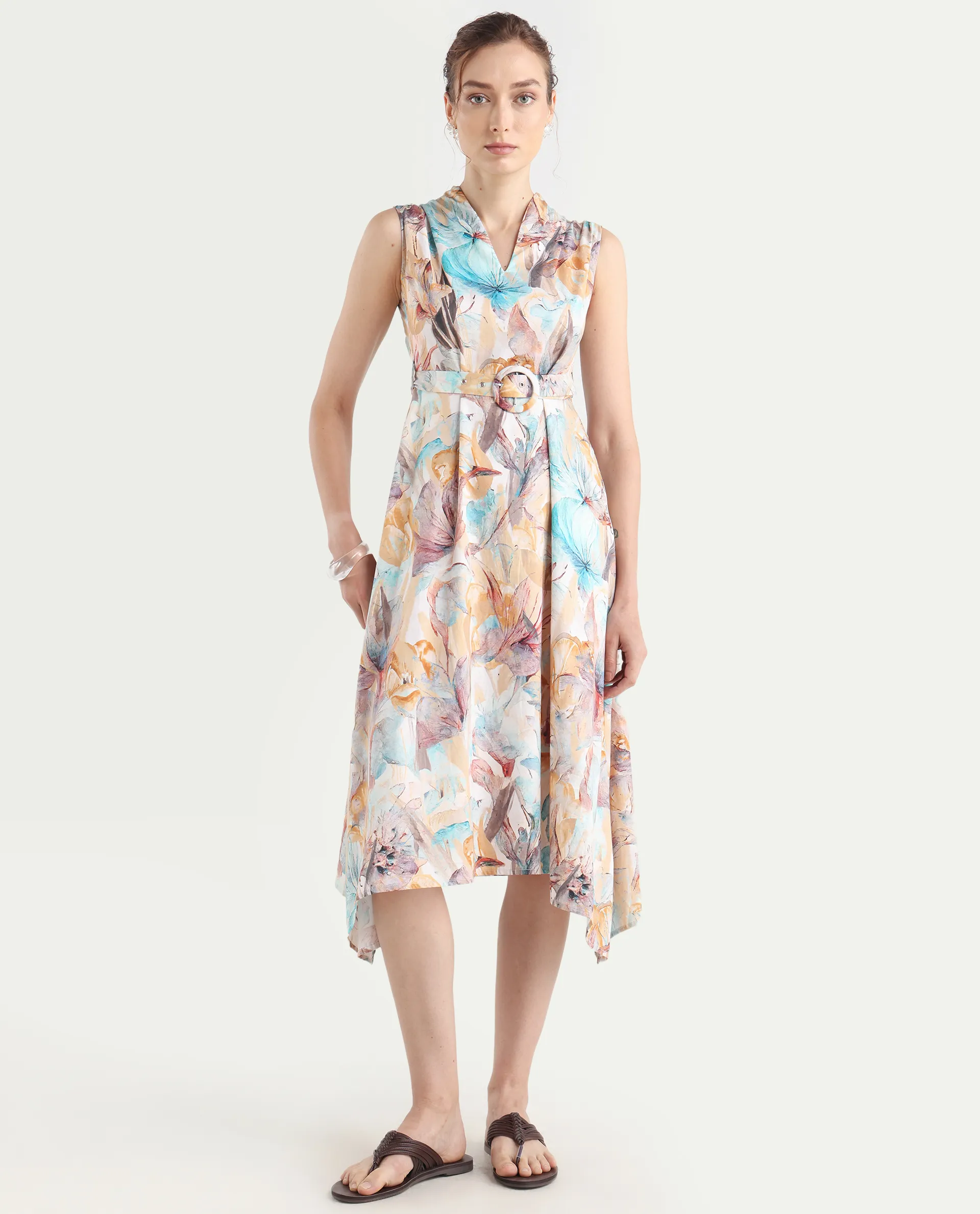 Rareism Women's Armon Light Multi Cotton Blend V-Neck Floral Print Sleeveless Midi Flared Dress - Image 3