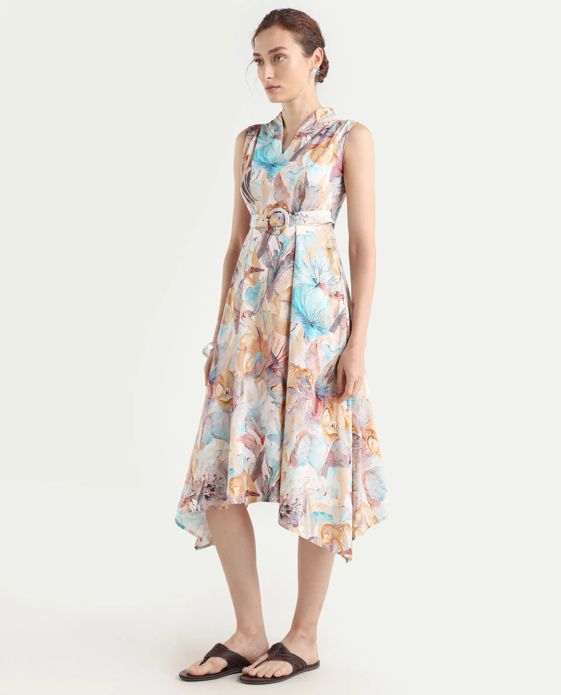 Rareism Women's Armon Light Multi Cotton Blend V-Neck Floral Print Sleeveless Midi Flared Dress - Image 5
