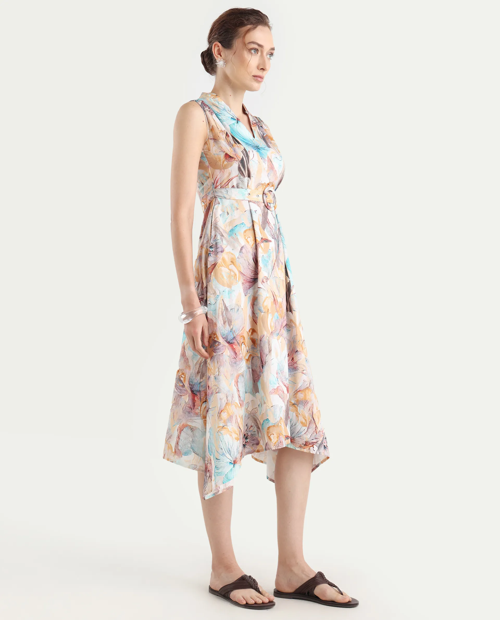 Rareism Women's Armon Light Multi Cotton Blend V-Neck Floral Print Sleeveless Midi Flared Dress - Image 6