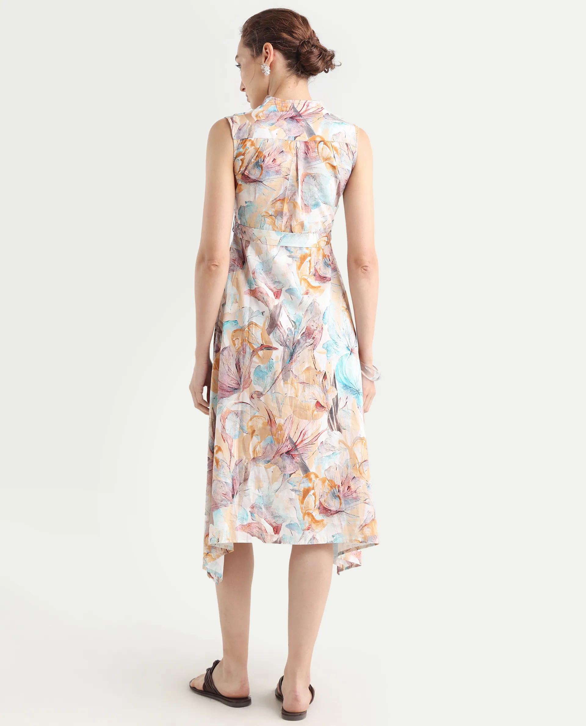 Rareism Women's Armon Light Multi Cotton Blend V-Neck Floral Print Sleeveless Midi Flared Dress - Image 7