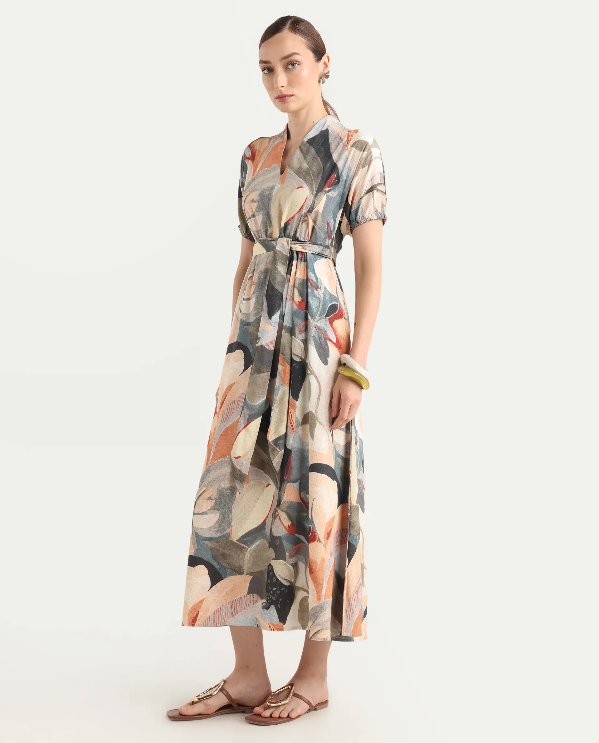 Rareism Women's Arnai Multi Viscose V-Neck A-Line Abstract Print Dress - Image 2