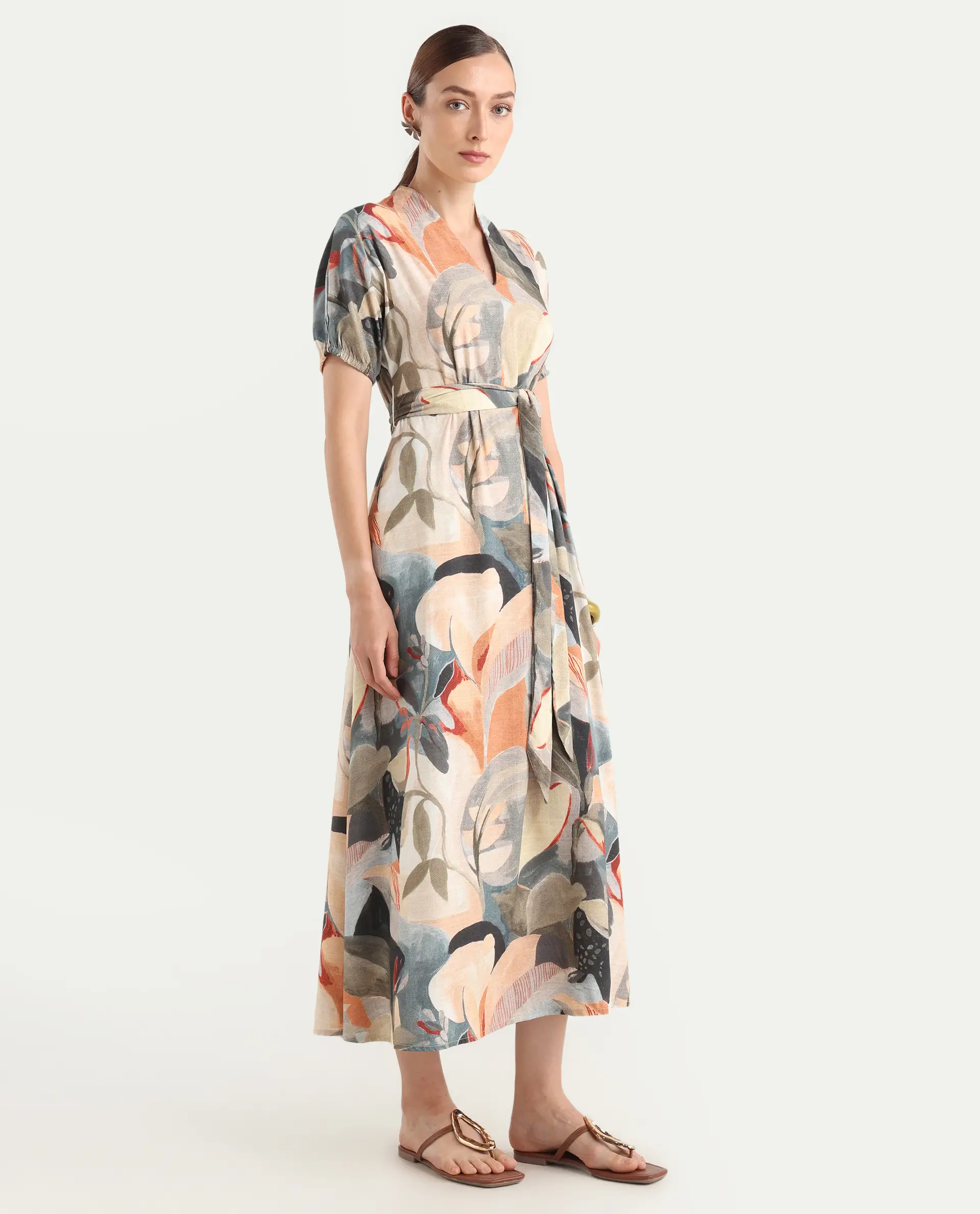 Rareism Women's Arnai Multi Viscose V-Neck A-Line Abstract Print Dress - Image 3