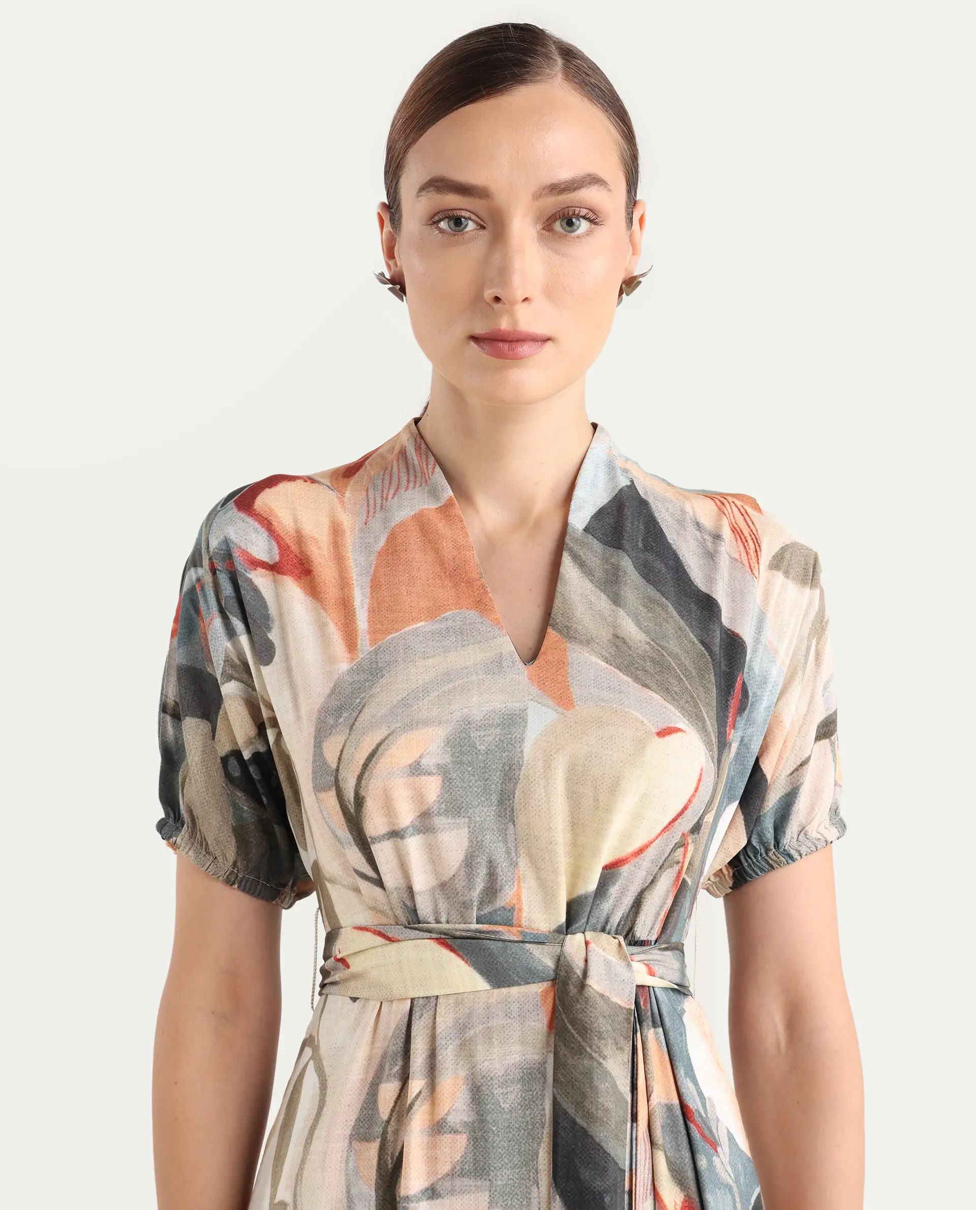 Rareism Women's Arnai Multi Viscose V-Neck A-Line Abstract Print Dress - Image 4