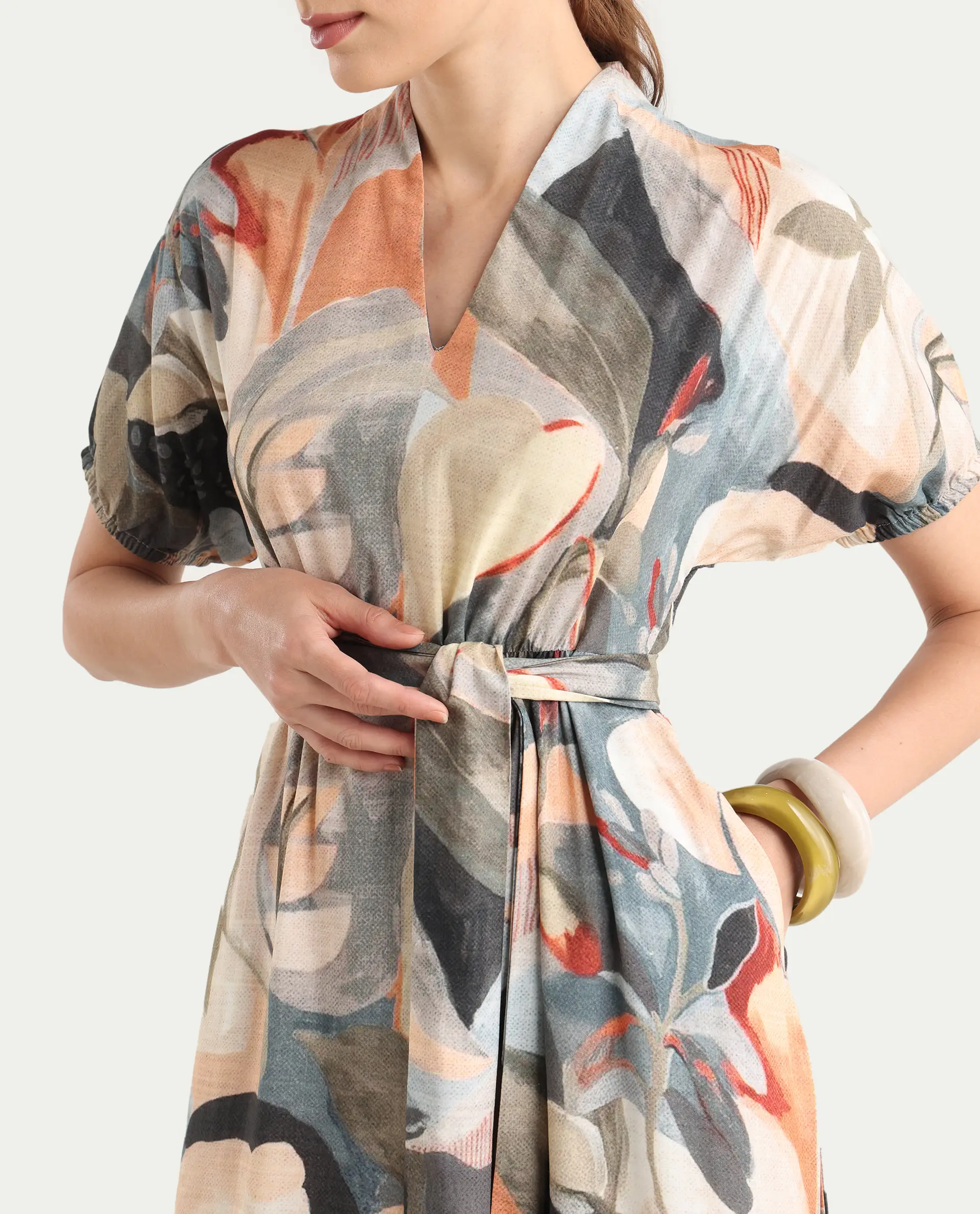 Rareism Women's Arnai Multi Viscose V-Neck A-Line Abstract Print Dress - Image 5