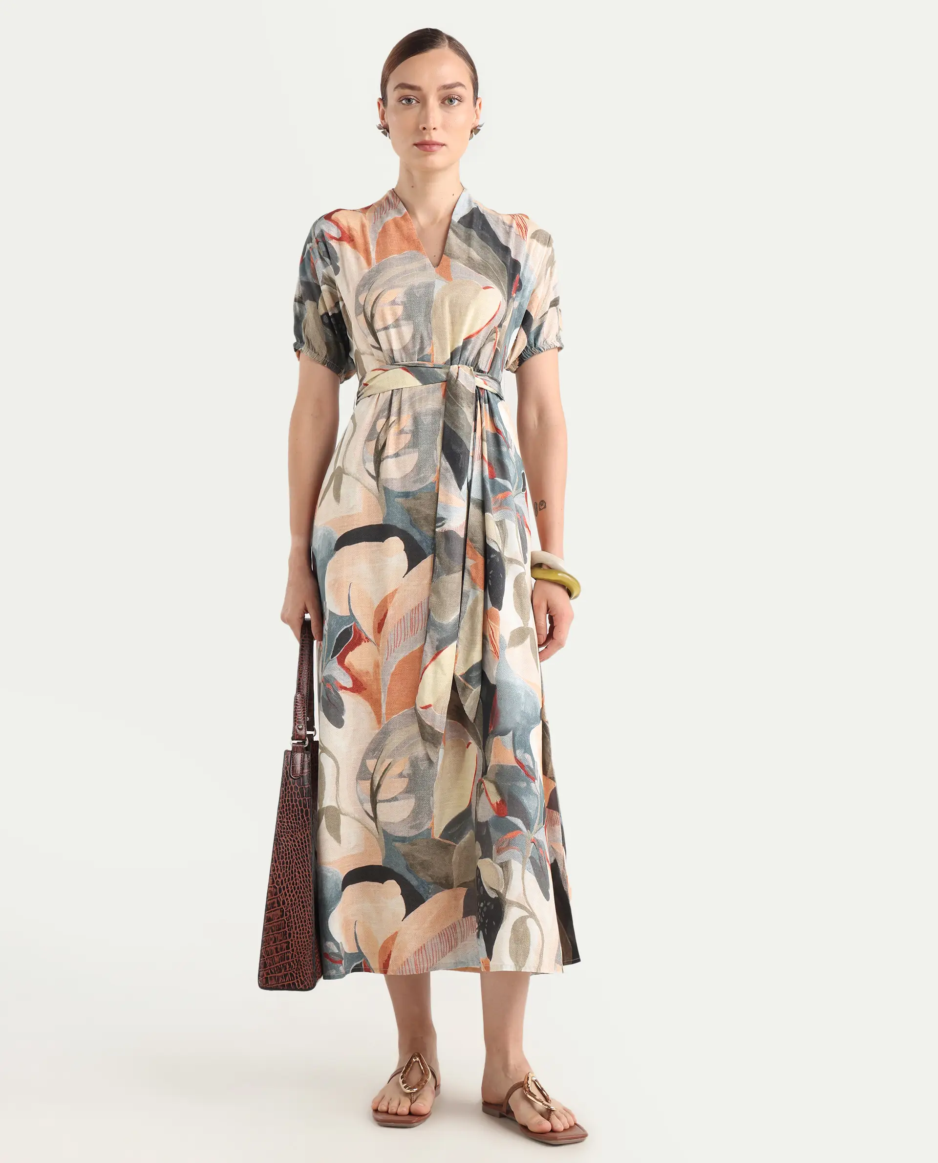 Rareism Women's Arnai Multi Viscose V-Neck A-Line Abstract Print Dress - Image 6