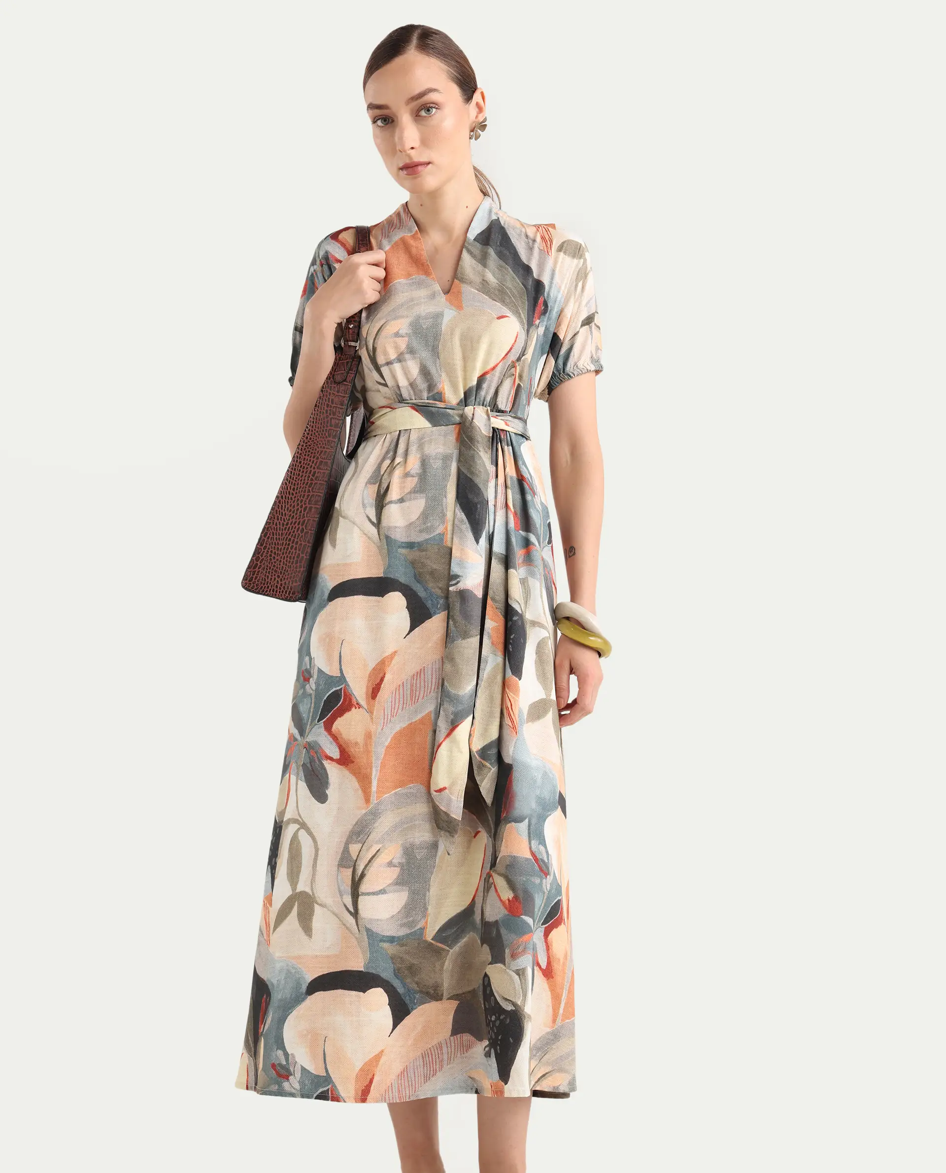Rareism Women's Arnai Multi Viscose V-Neck A-Line Abstract Print Dress - Image 7