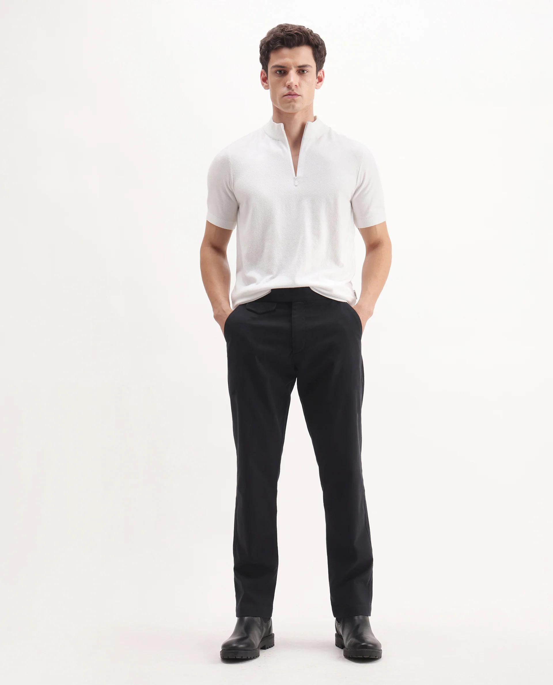 Rare Rabbit Men's Arne Black Cotton Blend Plain Regular Fit Trouser - Image 2
