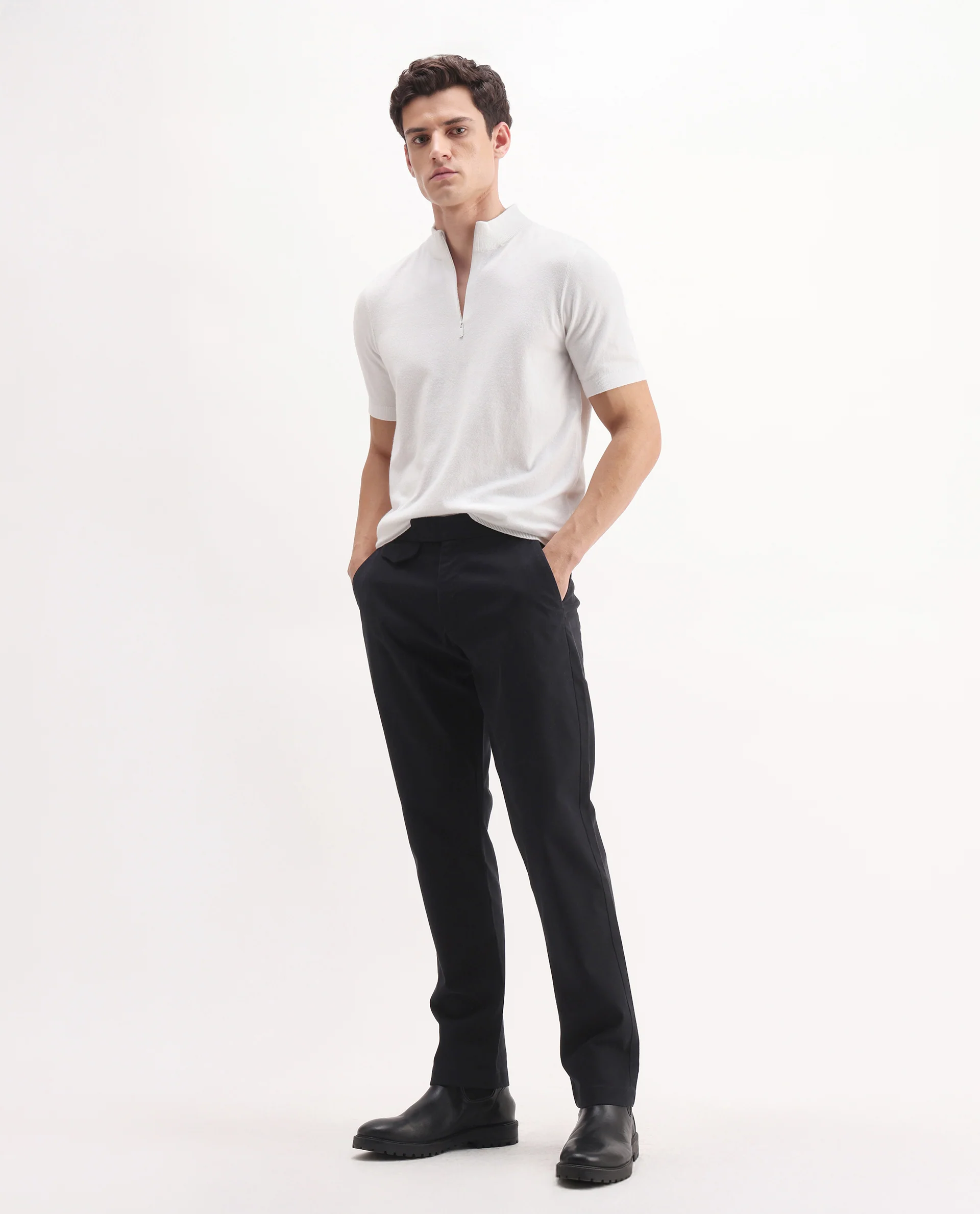 Rare Rabbit Men's Arne Black Cotton Blend Plain Regular Fit Trouser - Image 7
