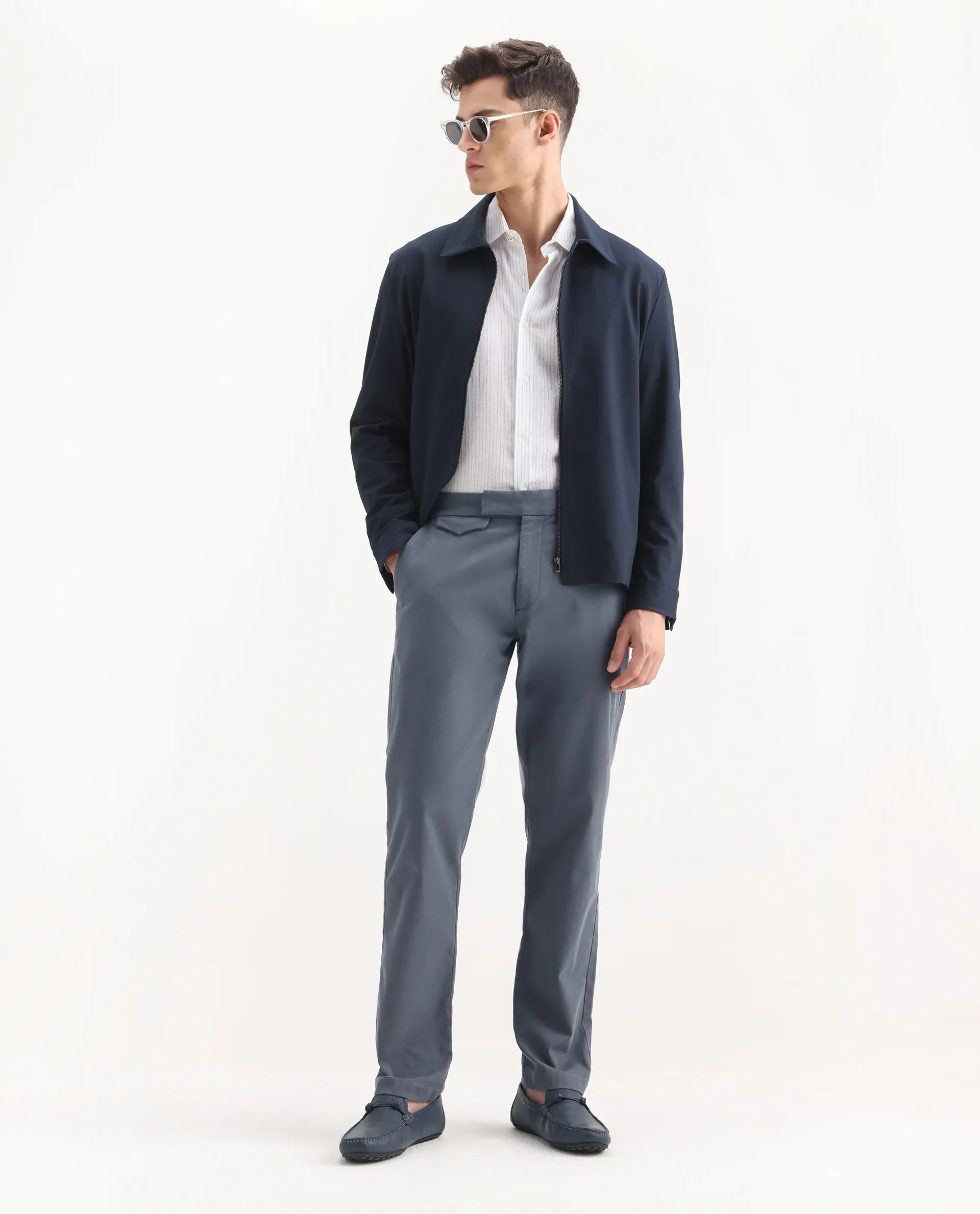 Rare Rabbit Men's Arne Dusky Blue Cotton Blend Plain Regular Fit Trouser