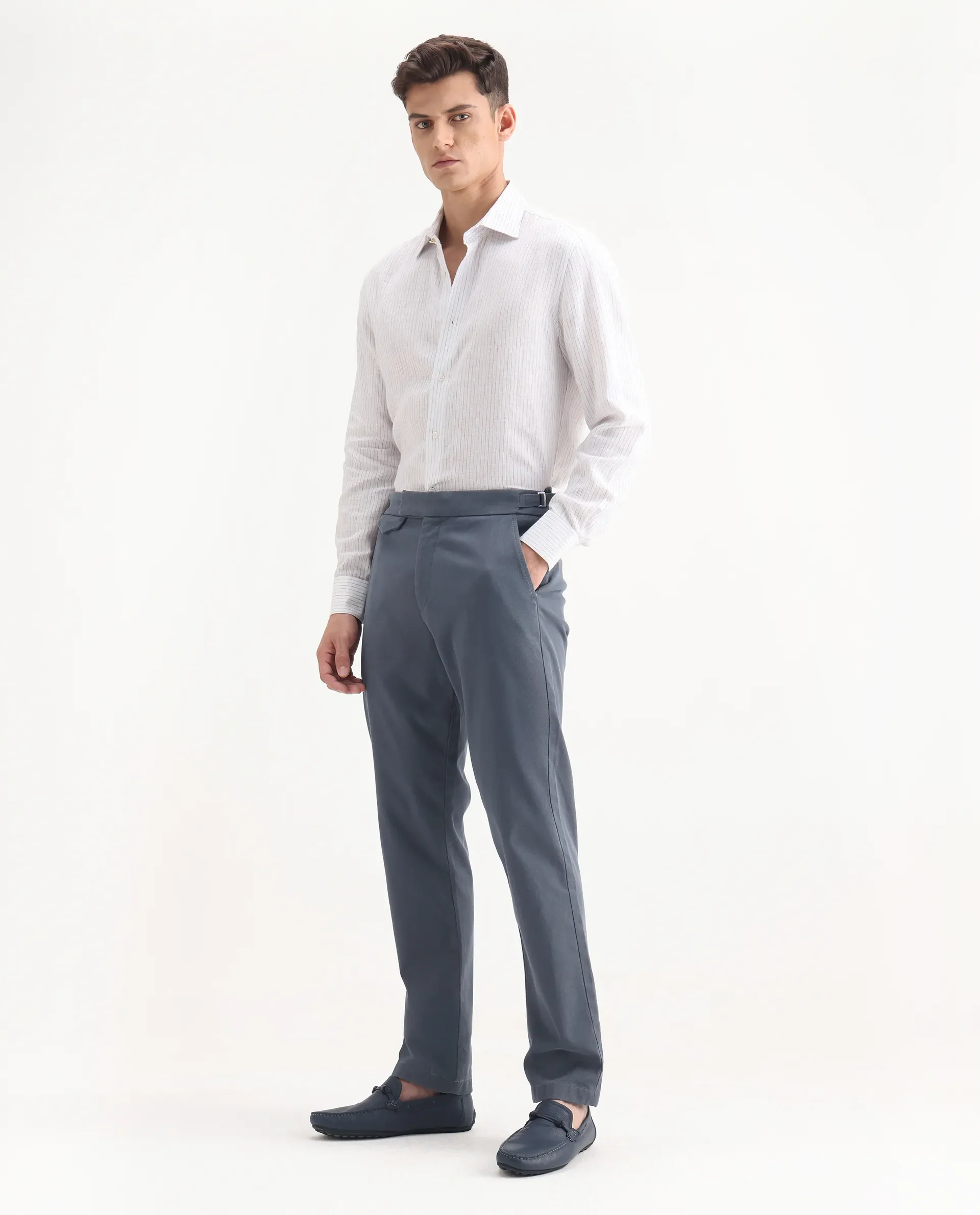 Rare Rabbit Men's Arne Dusky Blue Cotton Blend Plain Regular Fit Trouser - Image 6