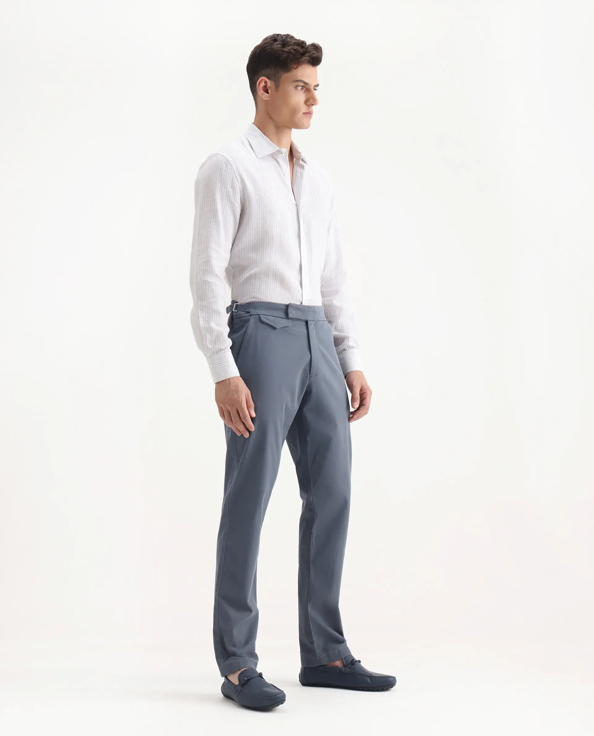 Rare Rabbit Men's Arne Dusky Blue Cotton Blend Plain Regular Fit Trouser - Image 7