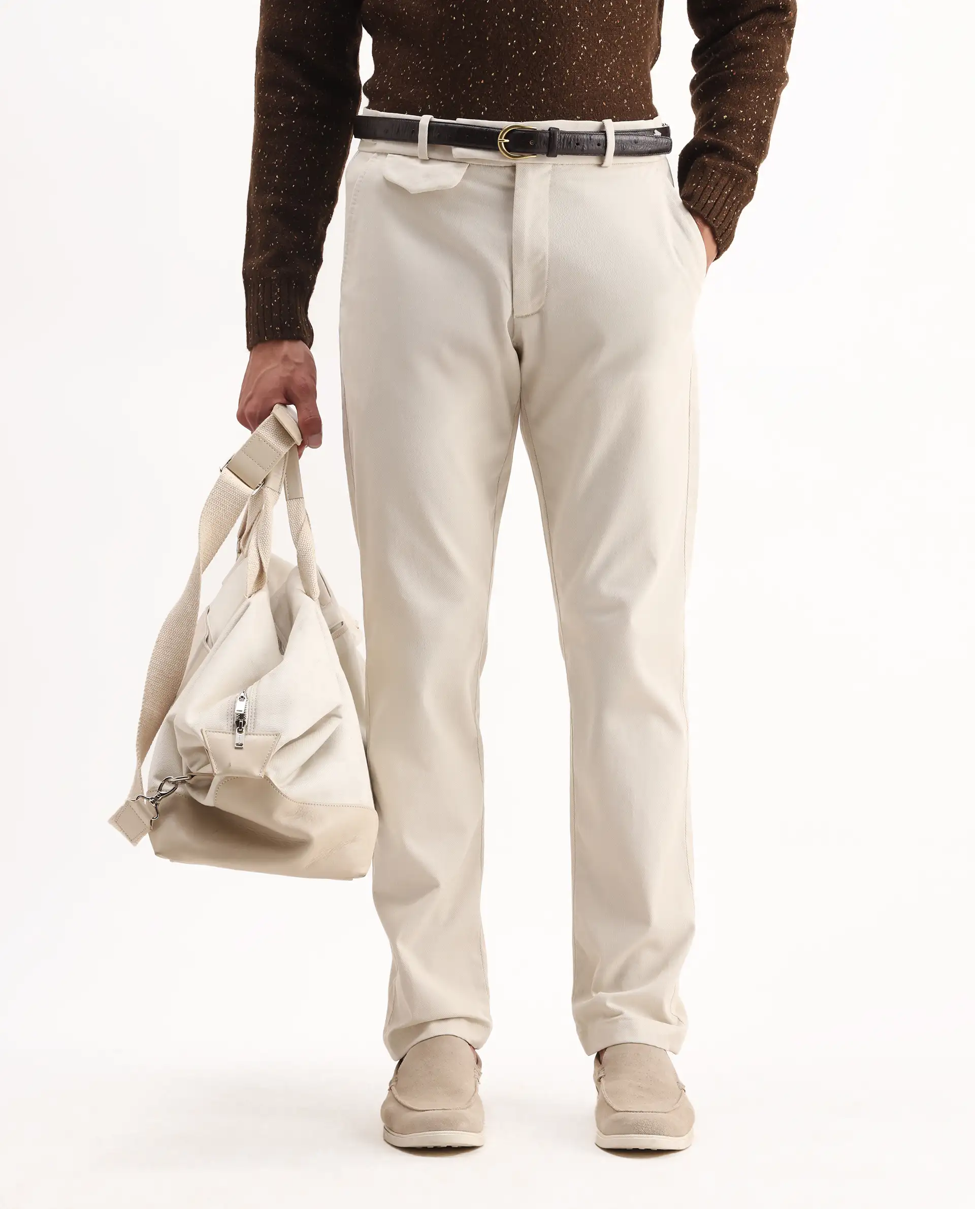Rare Rabbit Men's Arne Off White Cotton Blend Plain Regular Fit Trouser - Image 2