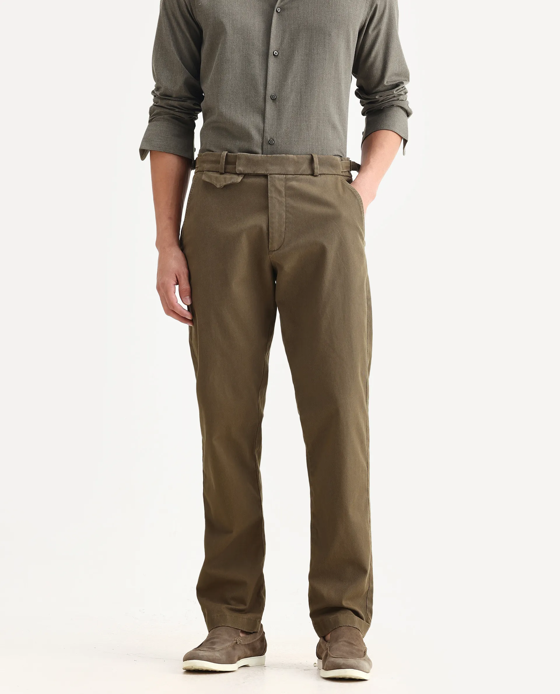 Rare Rabbit Men Arne Olive Cotton Blend Plain Regular Fit Trouser - Image 2