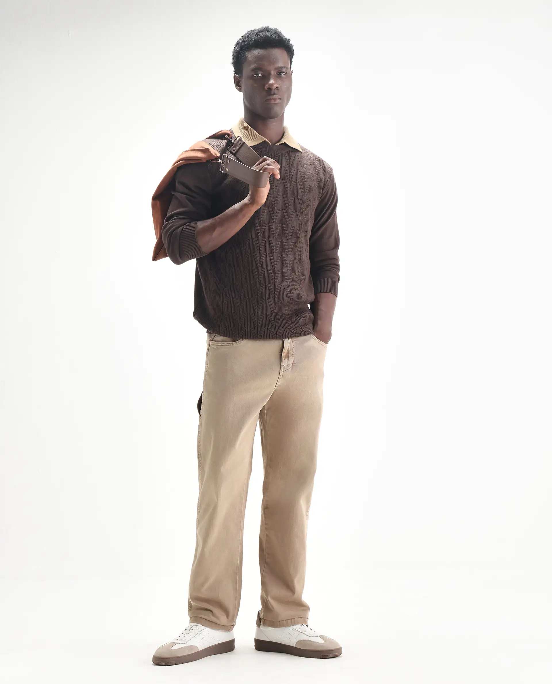 Rare Rabbit Men's Arni Light Beige Cotton Plain Relaxed Fit Jeans