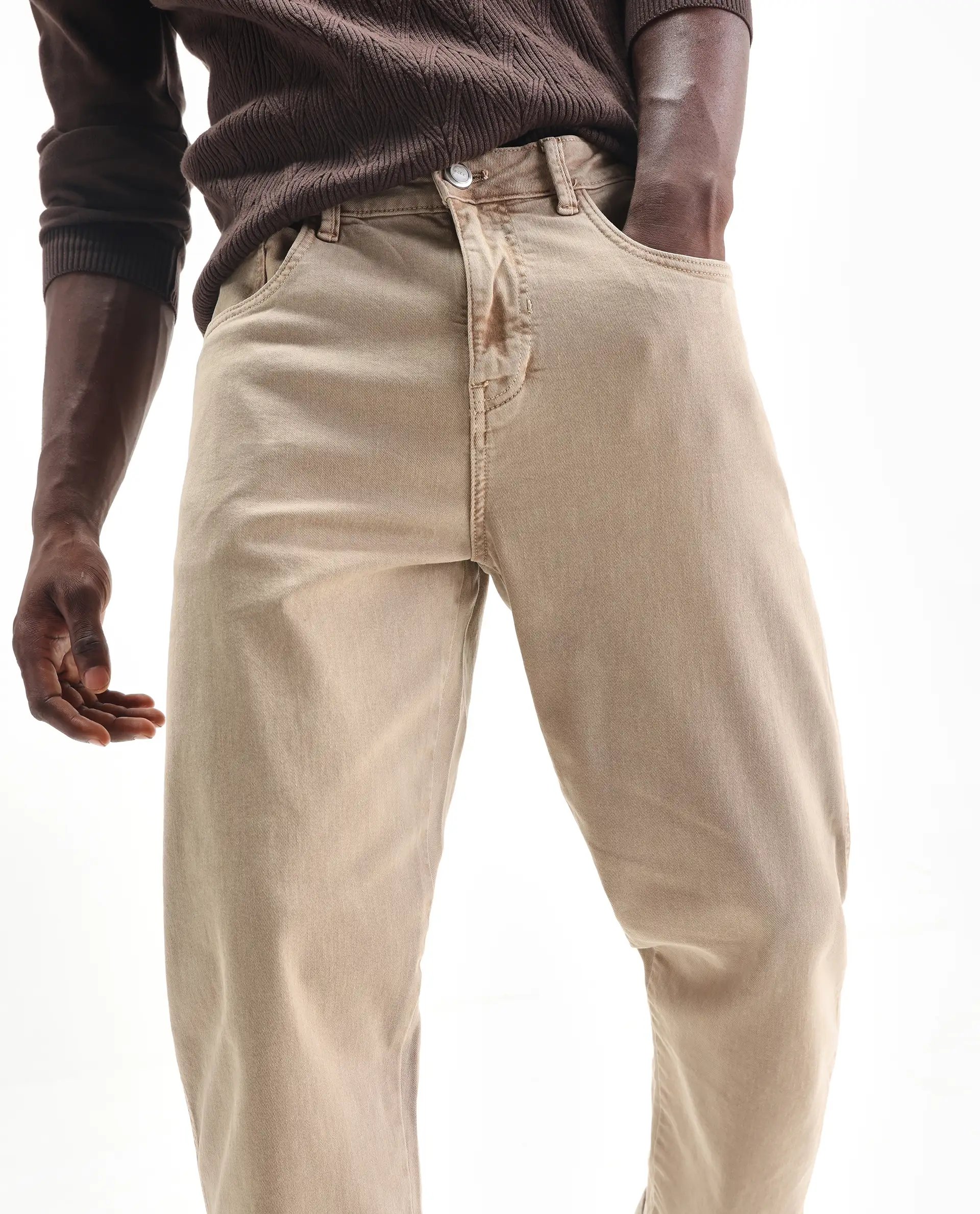 Rare Rabbit Men's Arni Light Beige Cotton Plain Relaxed Fit Jeans - Image 2