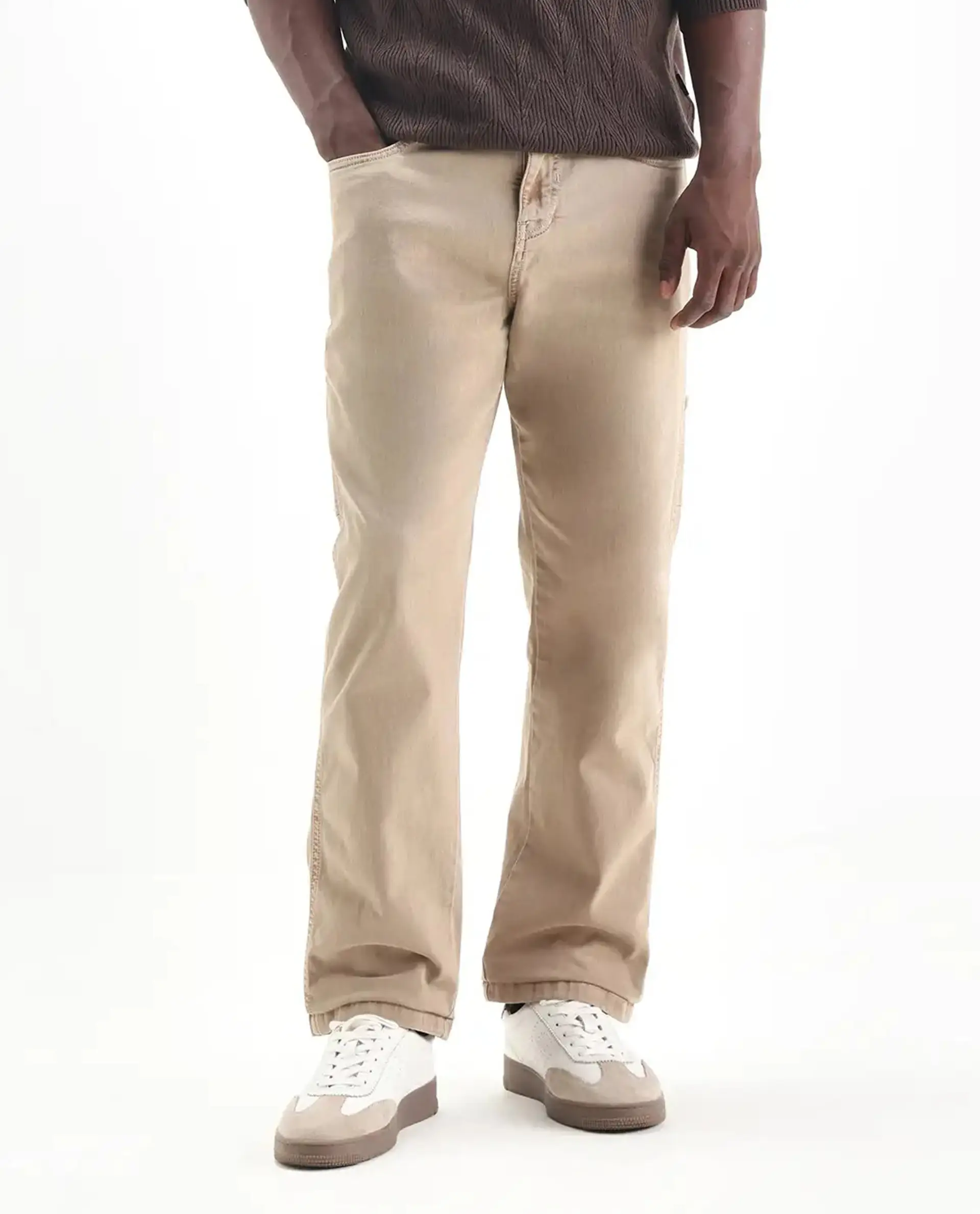 Rare Rabbit Men's Arni Light Beige Cotton Plain Relaxed Fit Jeans - Image 9