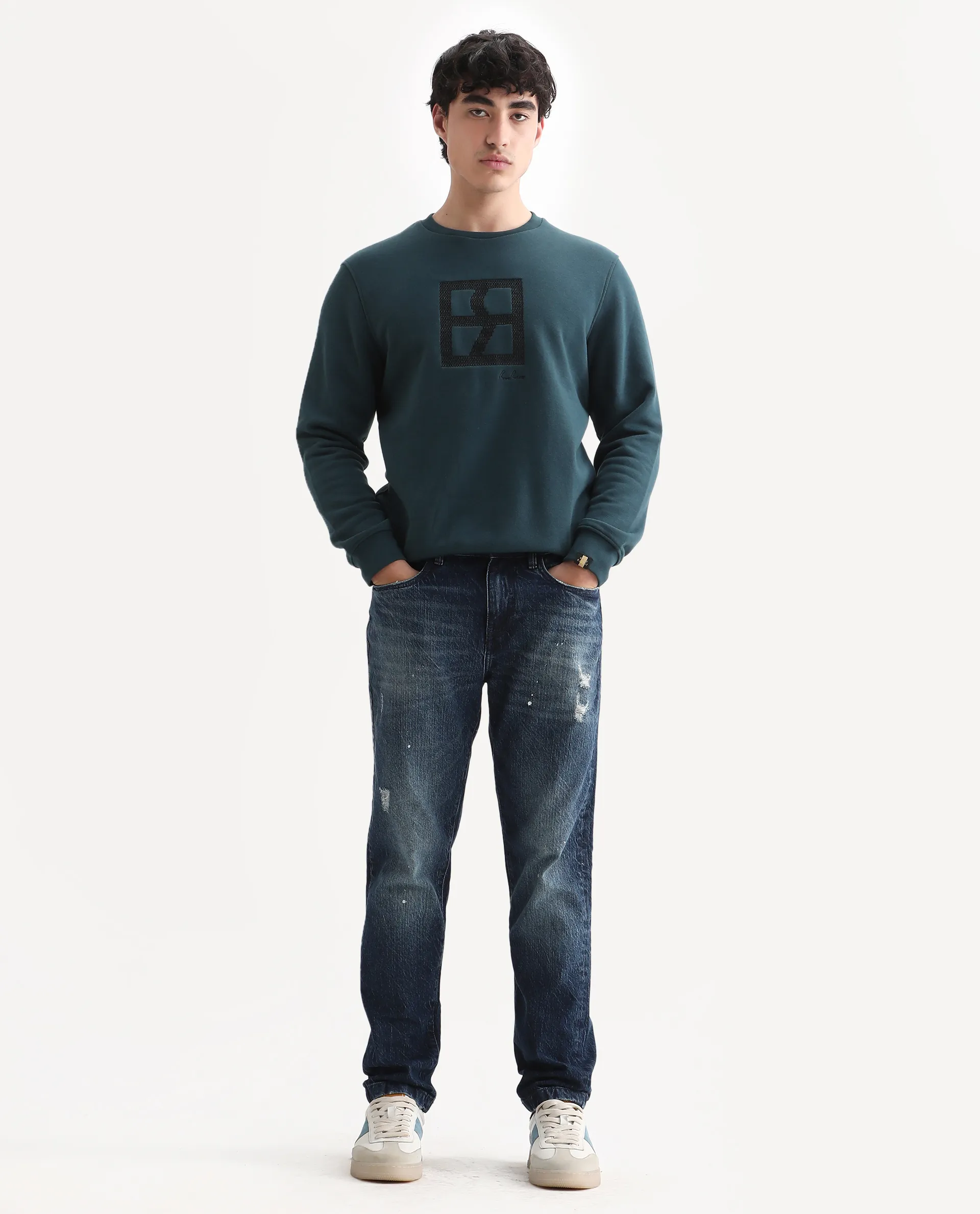 Rare Rabbit Men's Arnold Teal Cotton Embroidered Regular Fit Full Sleeve Crew Neck Sweatshirt - Image 2
