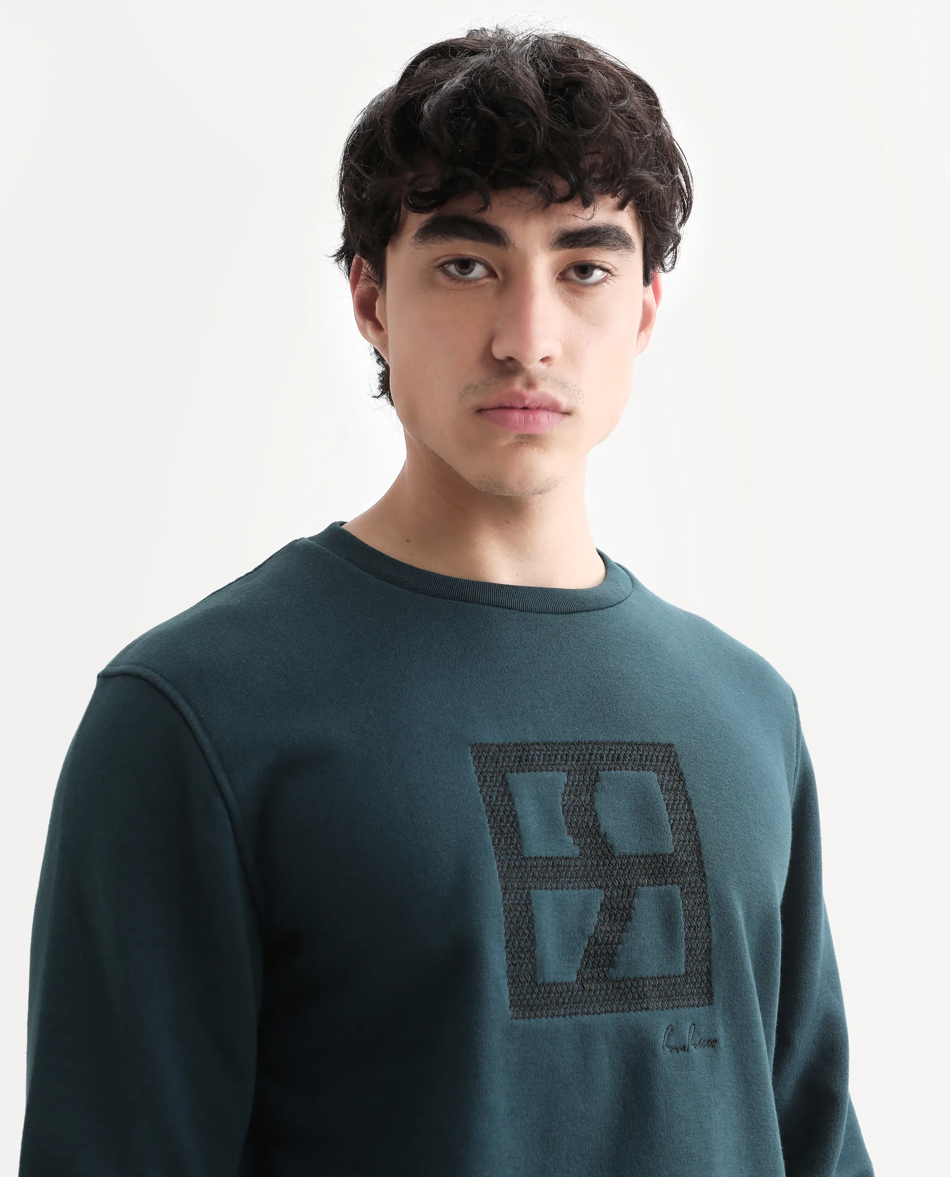 Rare Rabbit Men's Arnold Teal Cotton Embroidered Regular Fit Full Sleeve Crew Neck Sweatshirt - Image 3