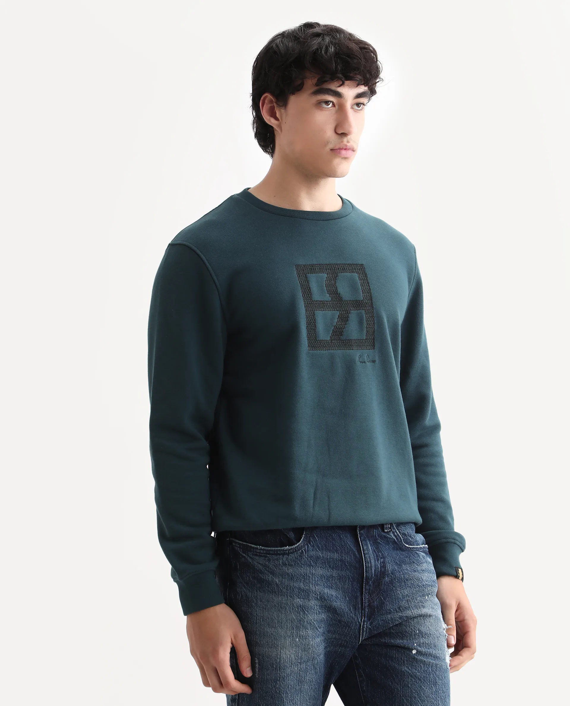 Rare Rabbit Men's Arnold Teal Cotton Embroidered Regular Fit Full Sleeve Crew Neck Sweatshirt - Image 4