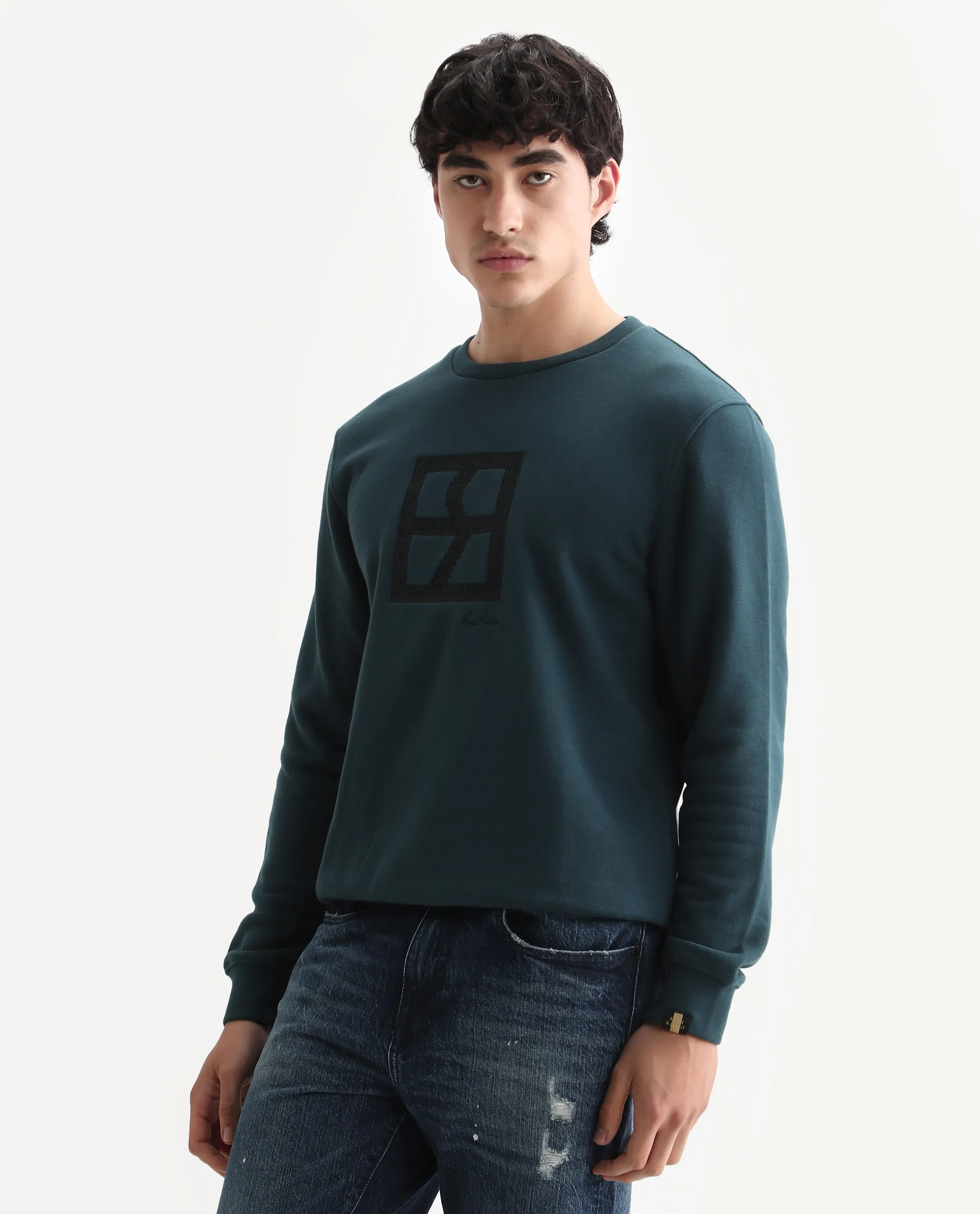 Rare Rabbit Men's Arnold Teal Cotton Embroidered Regular Fit Full Sleeve Crew Neck Sweatshirt - Image 5
