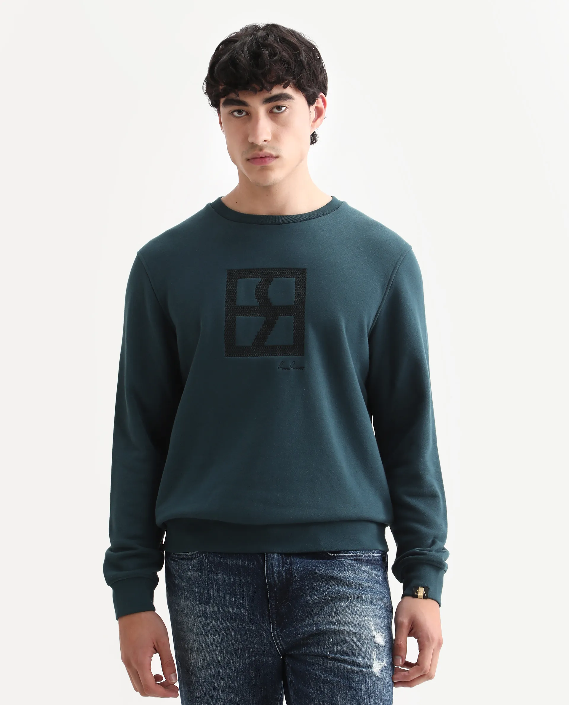 Rare Rabbit Men's Arnold Teal Cotton Embroidered Regular Fit Full Sleeve Crew Neck Sweatshirt - Image 6