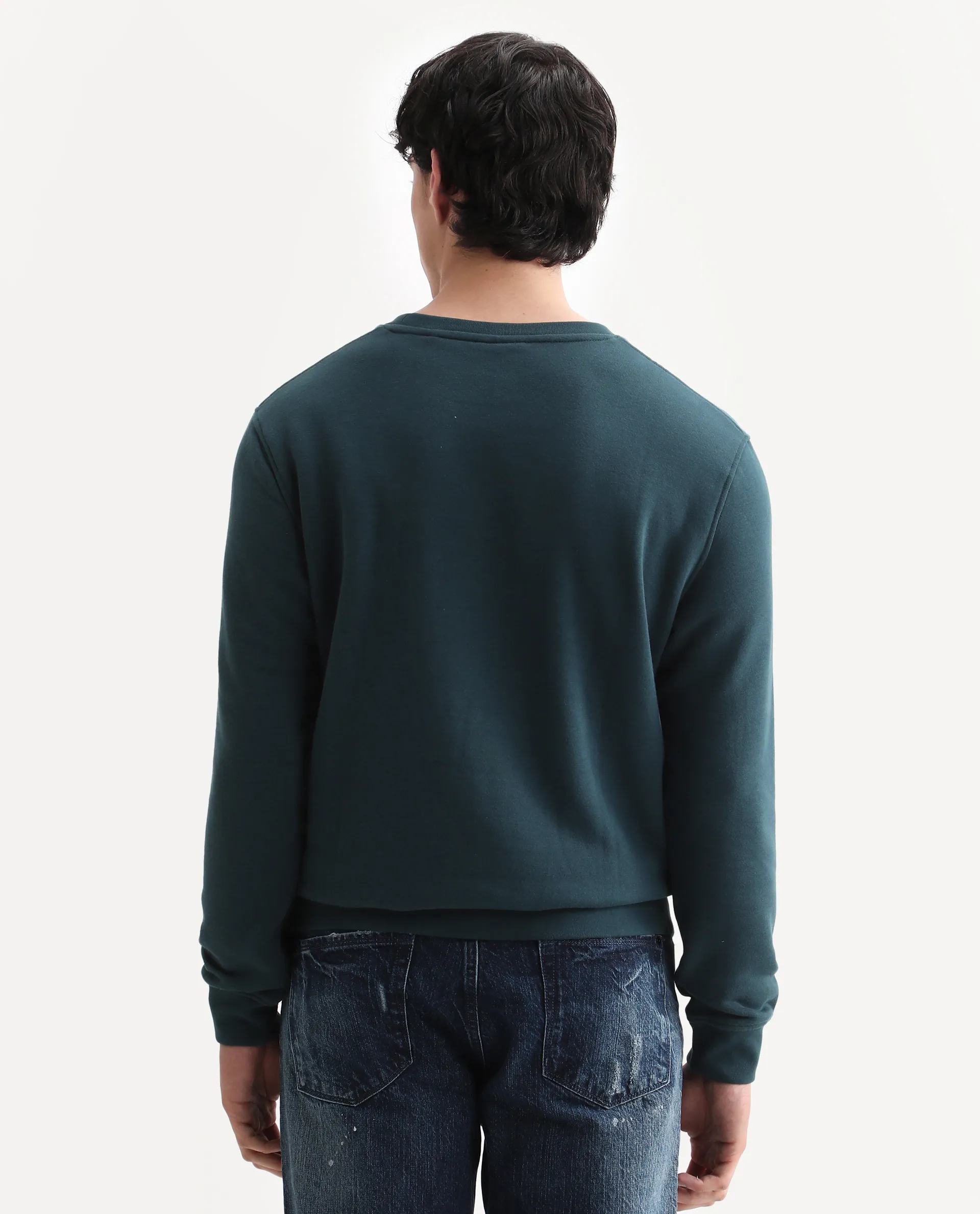 Rare Rabbit Men's Arnold Teal Cotton Embroidered Regular Fit Full Sleeve Crew Neck Sweatshirt - Image 7