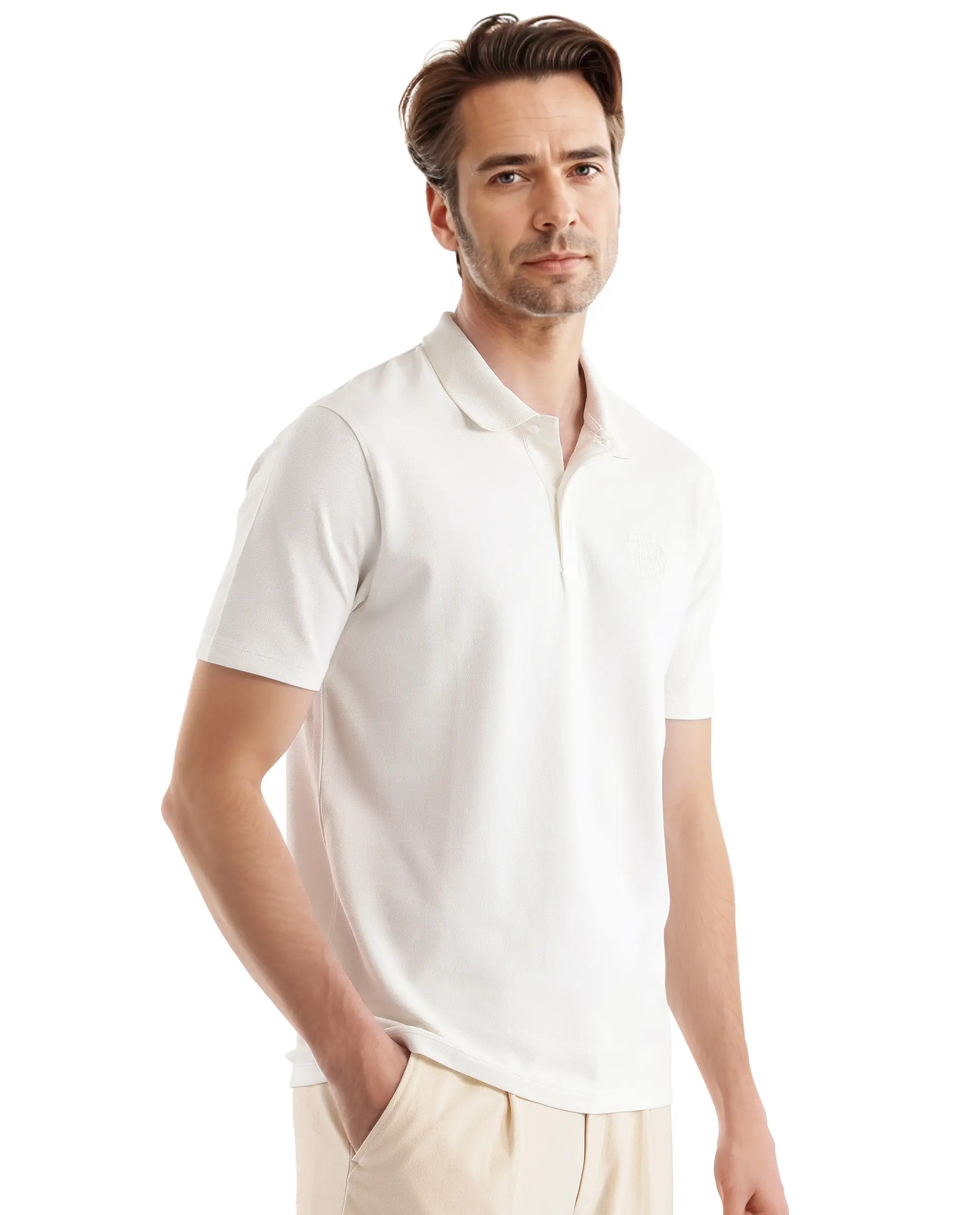 Rare Rabbit Men's Aroe Off White Cotton Plain Regular Fit Half Sleeve Polo - Image 2