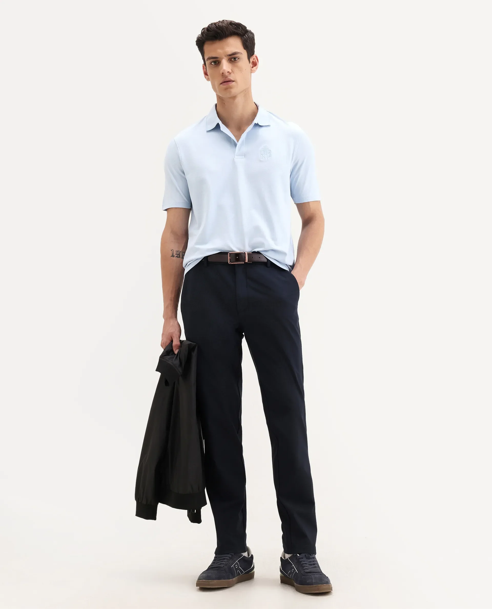 Rare Rabbit Men's Aroe Pastel Blue Cotton Blend Plain Regular Fit Half Sleeve Polo - Image 2
