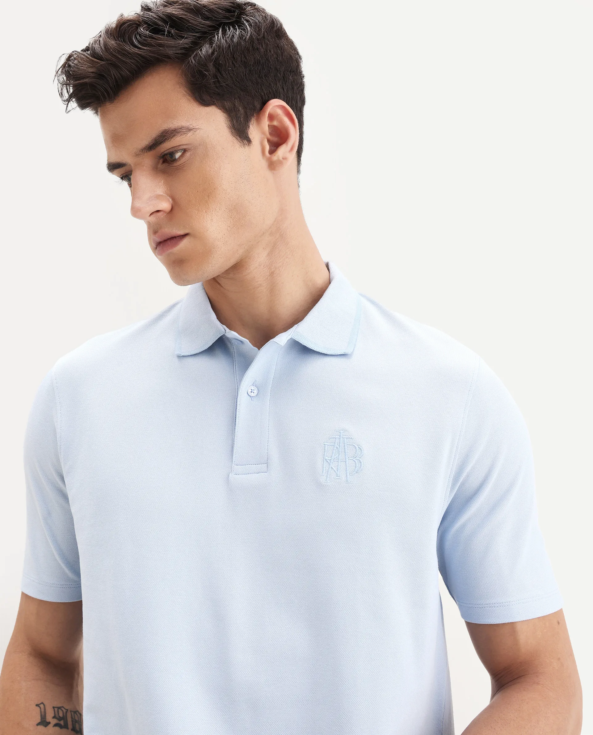 Rare Rabbit Men's Aroe Pastel Blue Cotton Blend Plain Regular Fit Half Sleeve Polo - Image 3