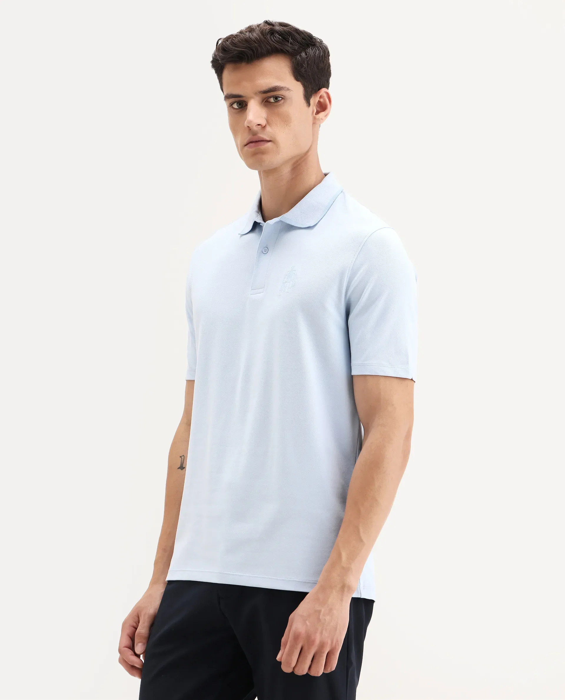Rare Rabbit Men's Aroe Pastel Blue Cotton Blend Plain Regular Fit Half Sleeve Polo - Image 4