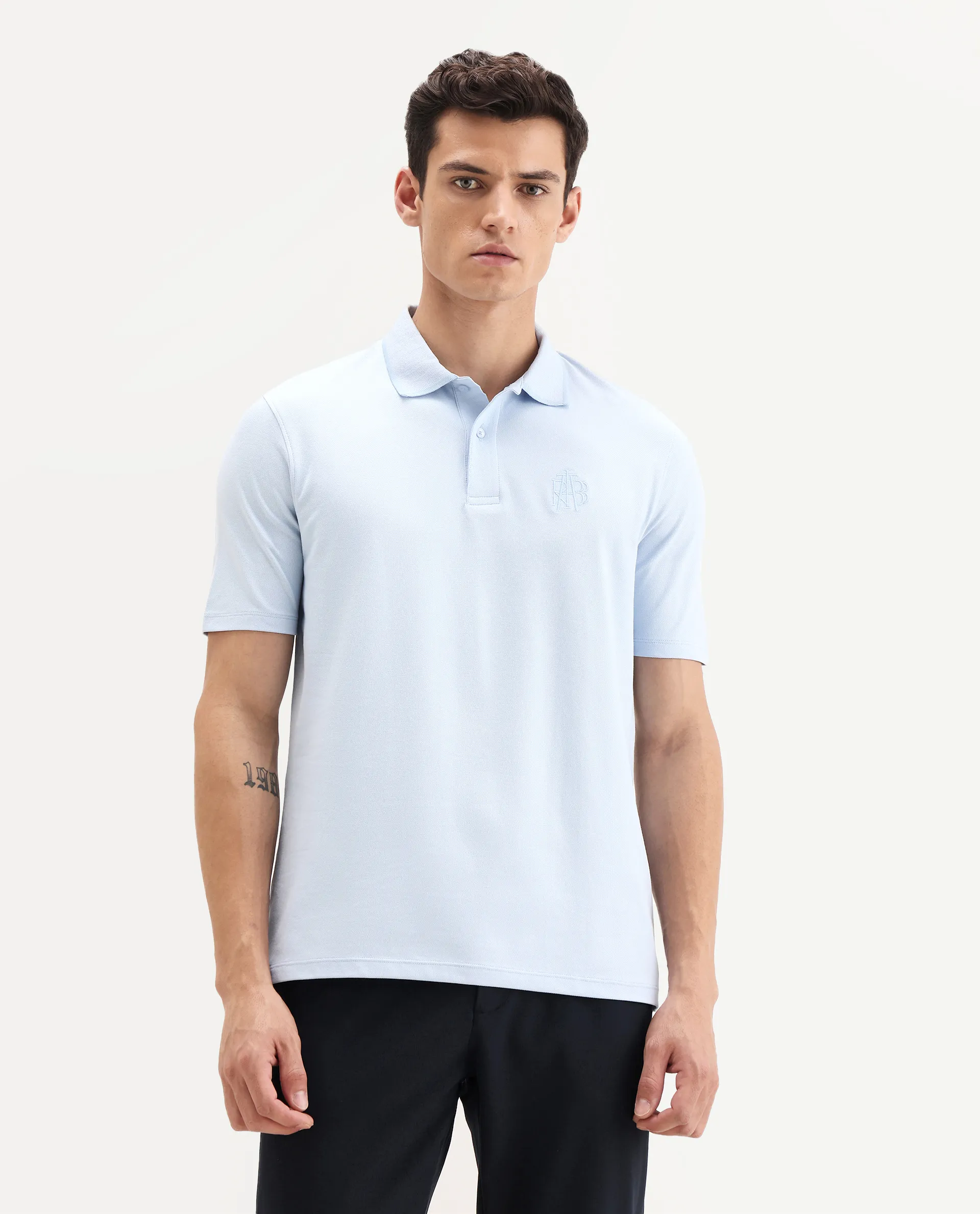 Rare Rabbit Men's Aroe Pastel Blue Cotton Blend Plain Regular Fit Half Sleeve Polo - Image 5