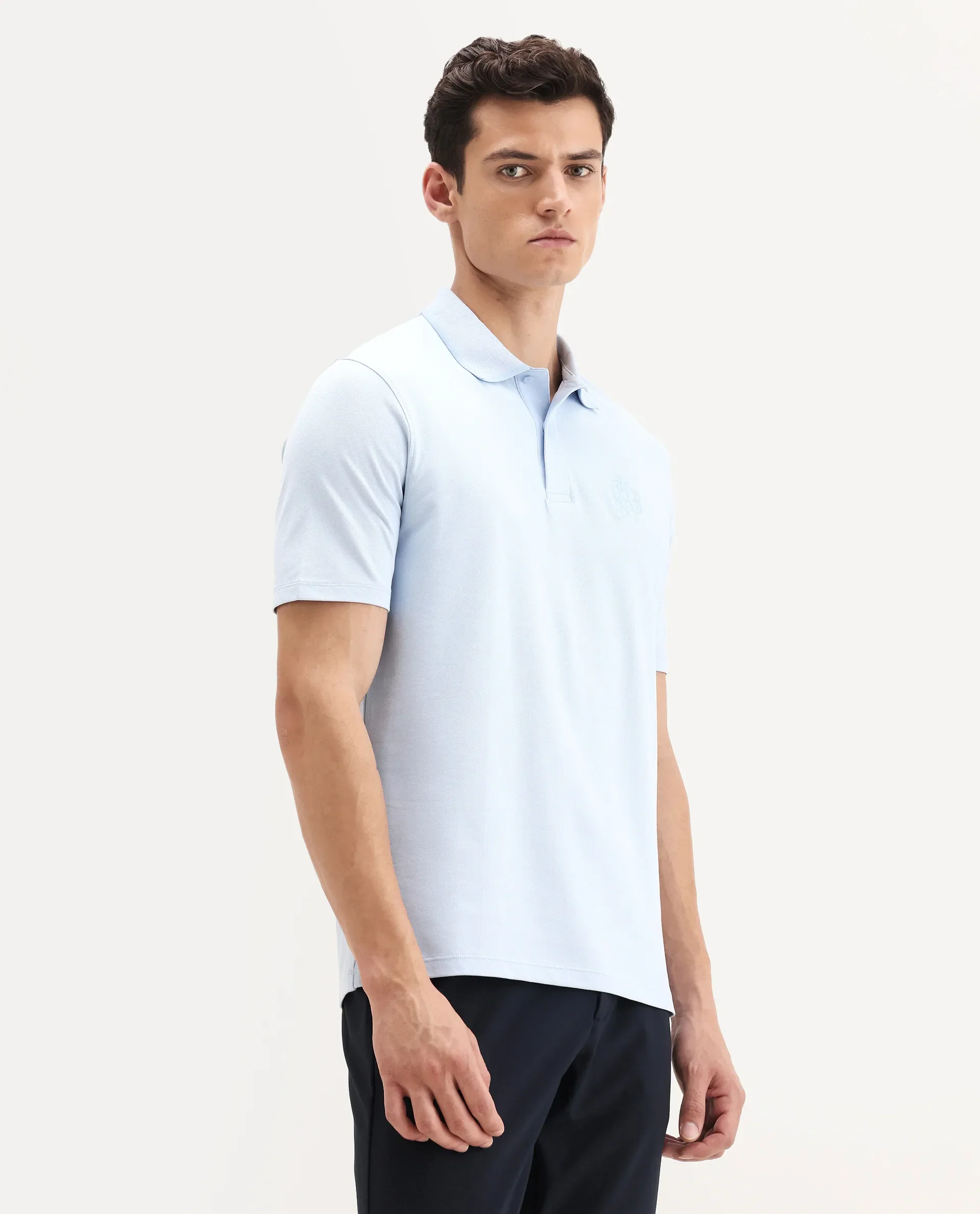 Rare Rabbit Men's Aroe Pastel Blue Cotton Blend Plain Regular Fit Half Sleeve Polo - Image 6
