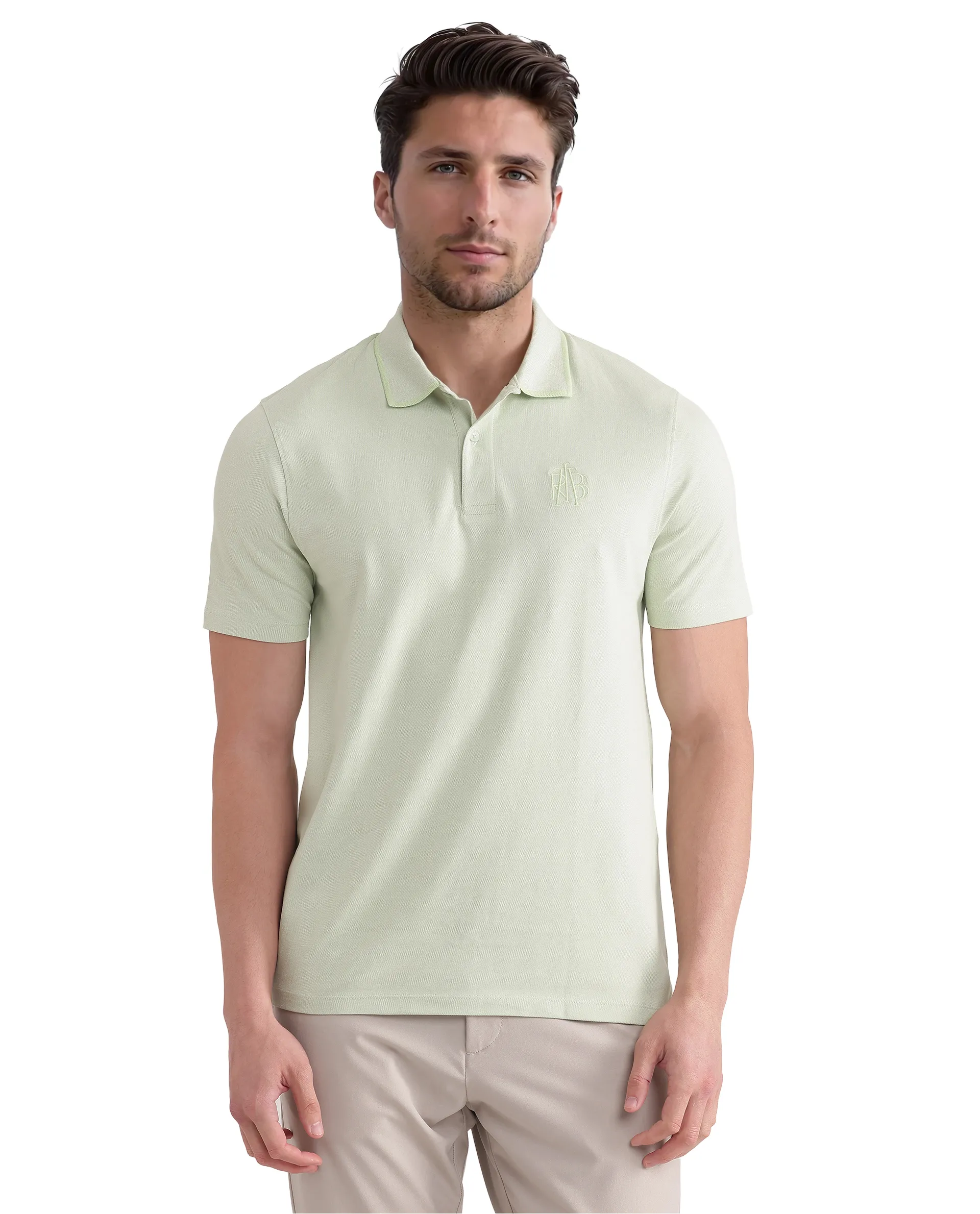 Rare Rabbit Men's Aroe Pastel Green Lycra Plain Regular Fit Half Sleeve Polo - Image 3