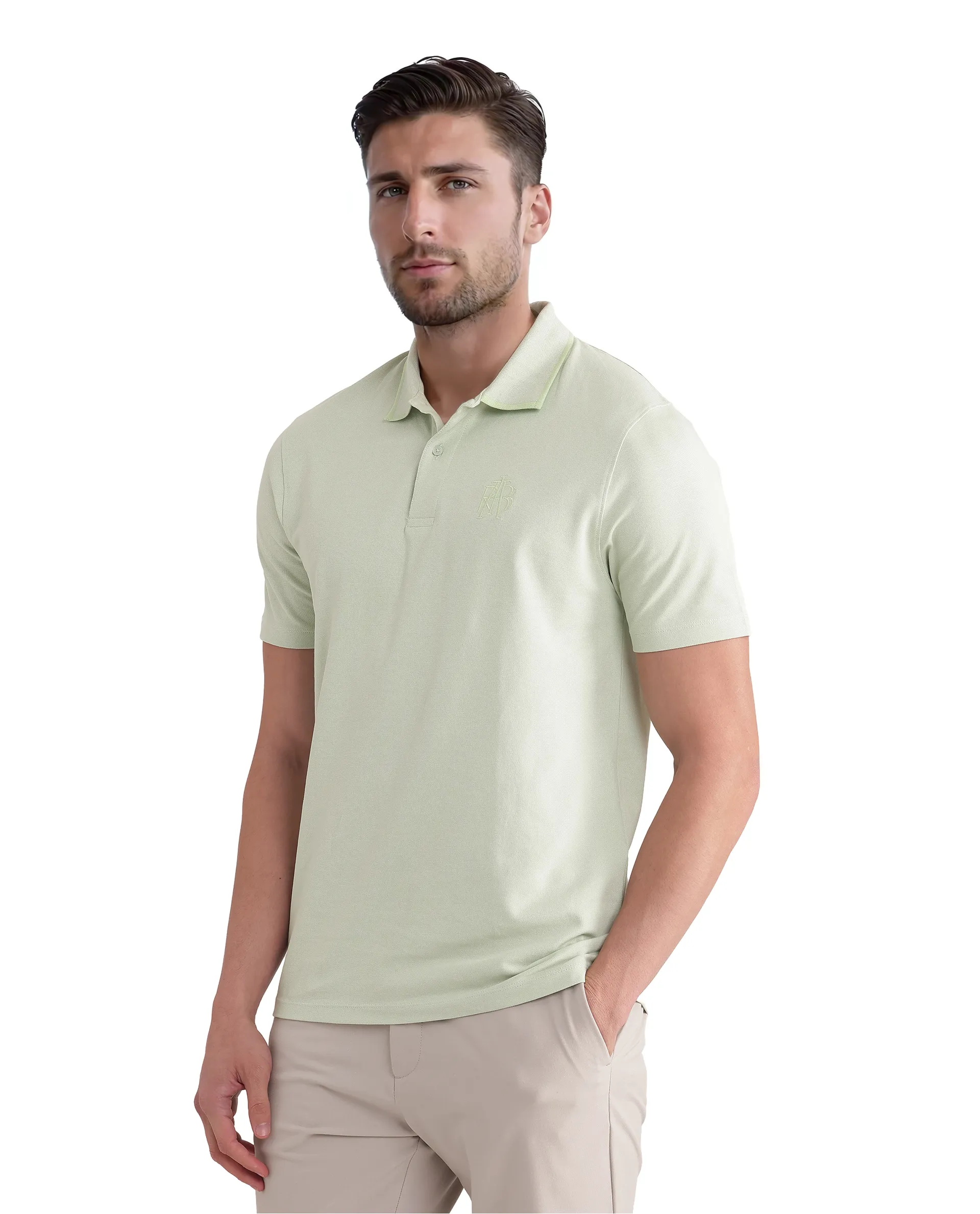 Rare Rabbit Men's Aroe Pastel Green Lycra Plain Regular Fit Half Sleeve Polo - Image 8