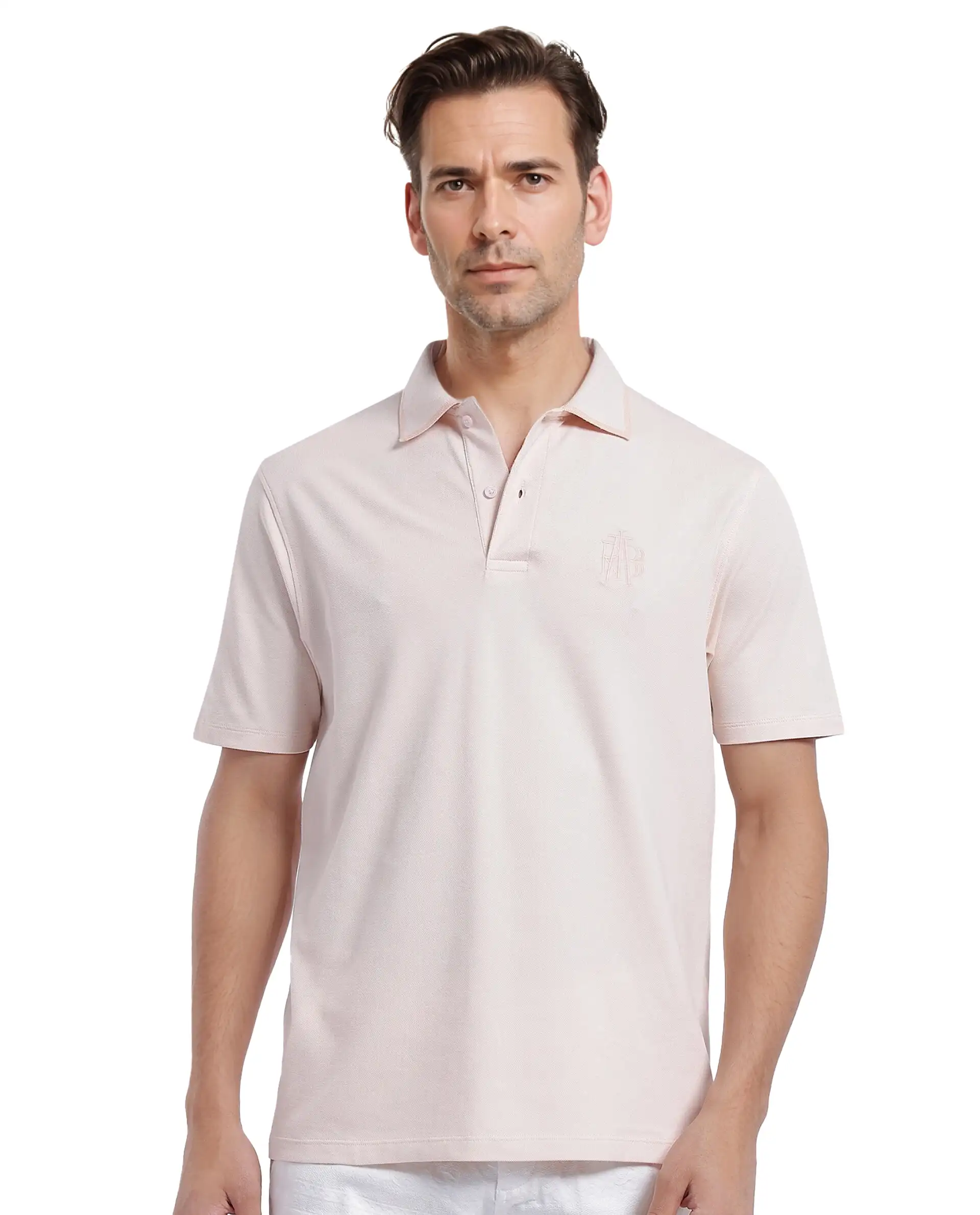 Rare Rabbit Men's Aroe Pastel Peach Lycra Plain Regular Fit Half Sleeve Polo - Image 2