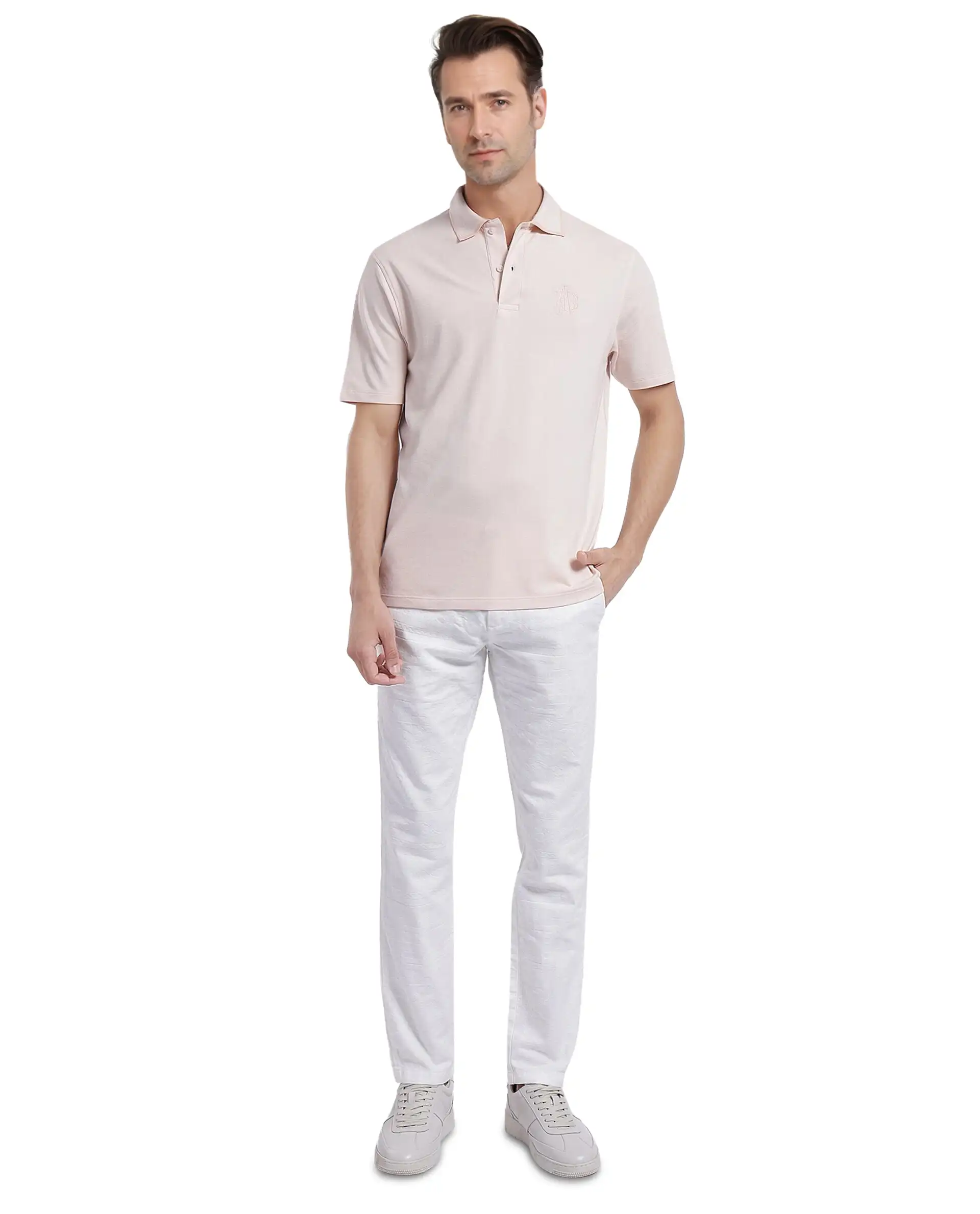 Rare Rabbit Men's Aroe Pastel Peach Lycra Plain Regular Fit Half Sleeve Polo - Image 3
